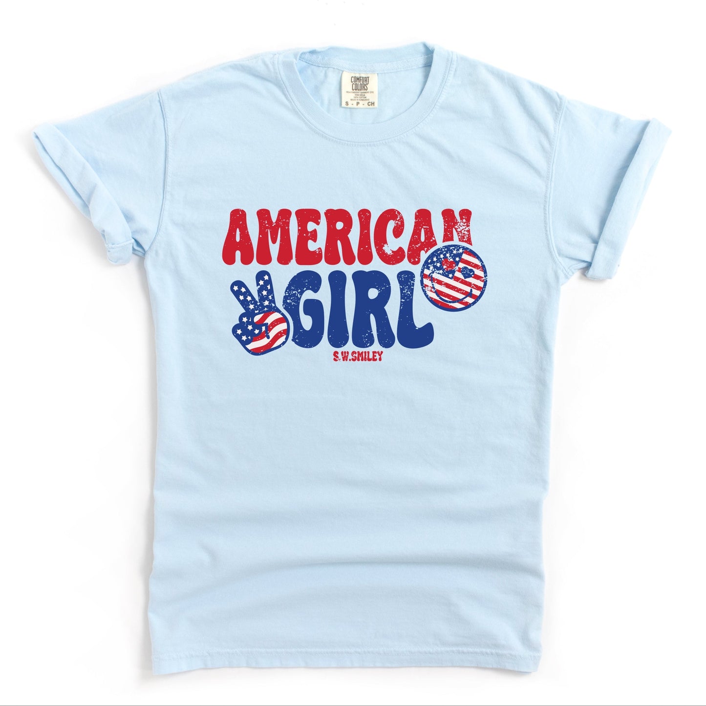 S.W.Smiley American Girl Patriotic - Women's Garment Dyed Graphic T-Shirt