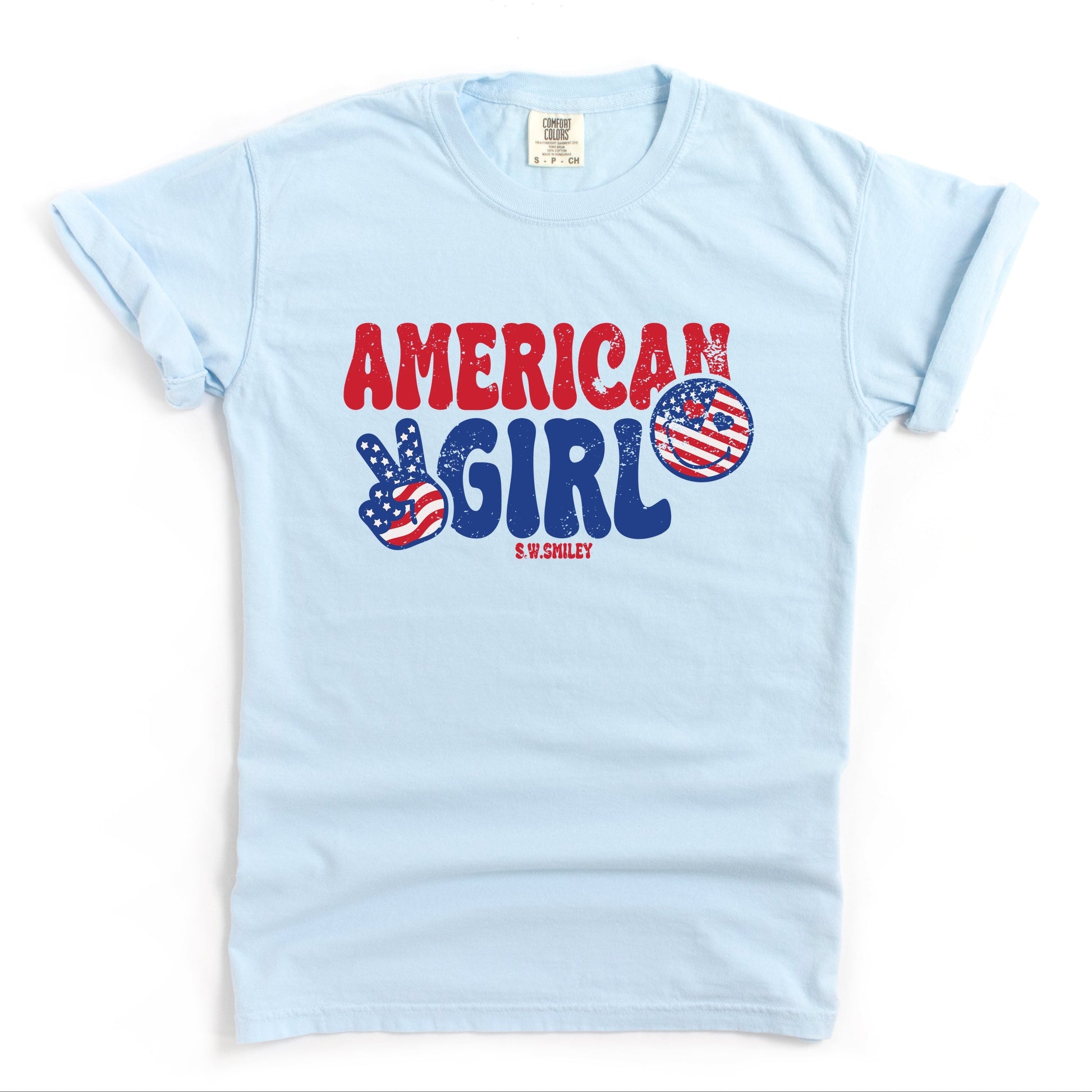 S.W.Smiley American Girl Patriotic - Women's Garment Dyed Graphic T-Shirt