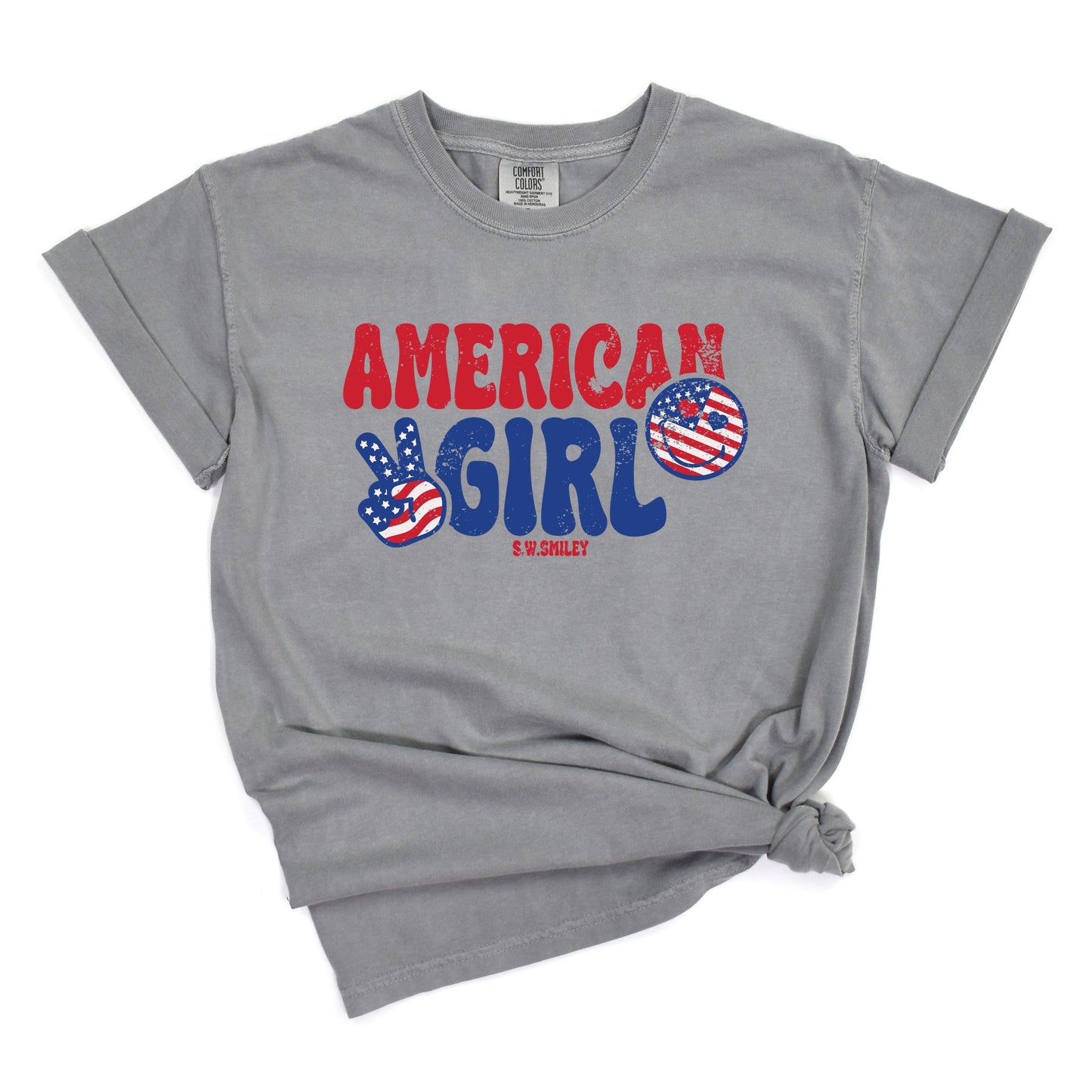 S.W.Smiley American Girl Patriotic - Women's Garment Dyed Graphic T-Shirt