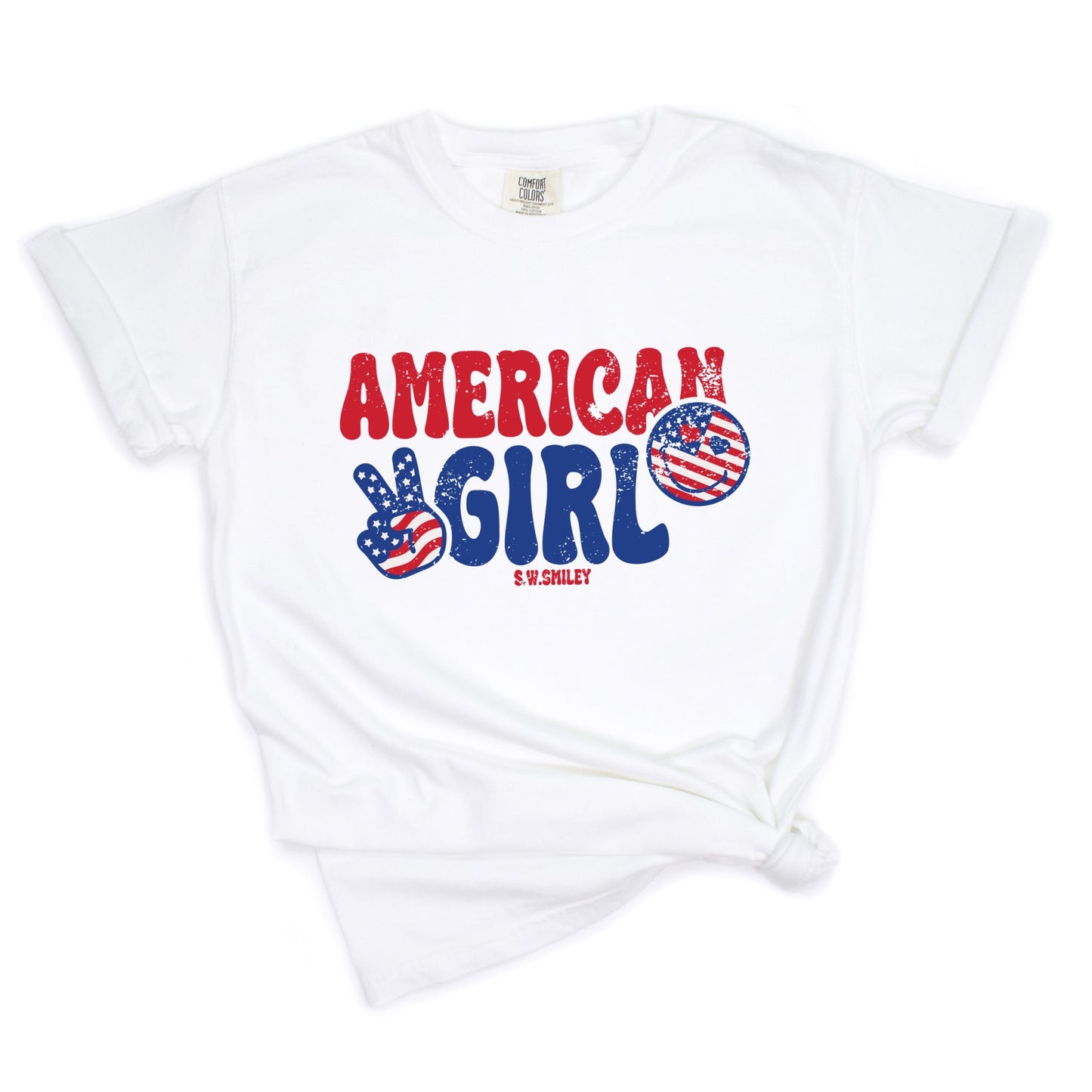 S.W.Smiley American Girl Patriotic - Women's Garment Dyed Graphic T-Shirt