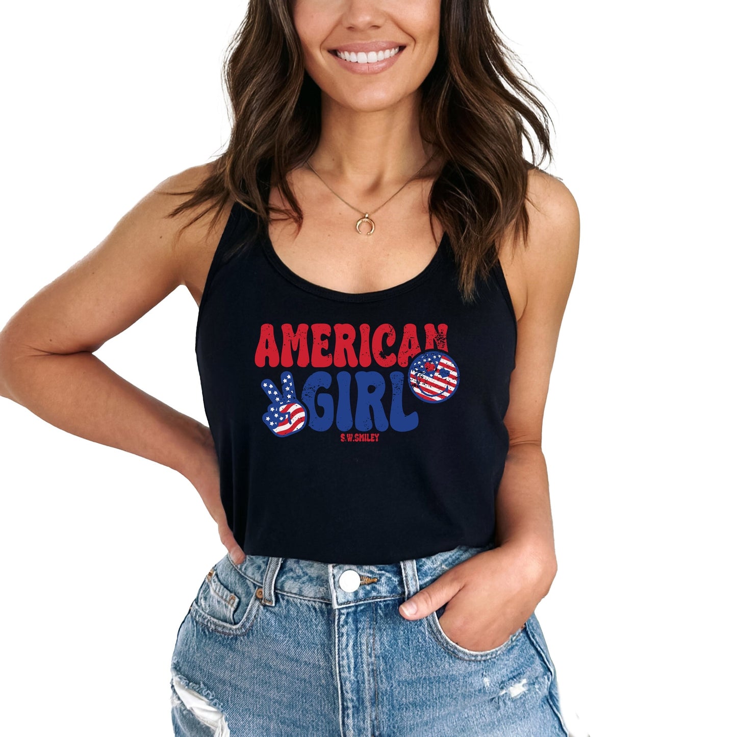 S.W.Smiley American Girl Patriotic - Women's Graphic Racerback Tank Top