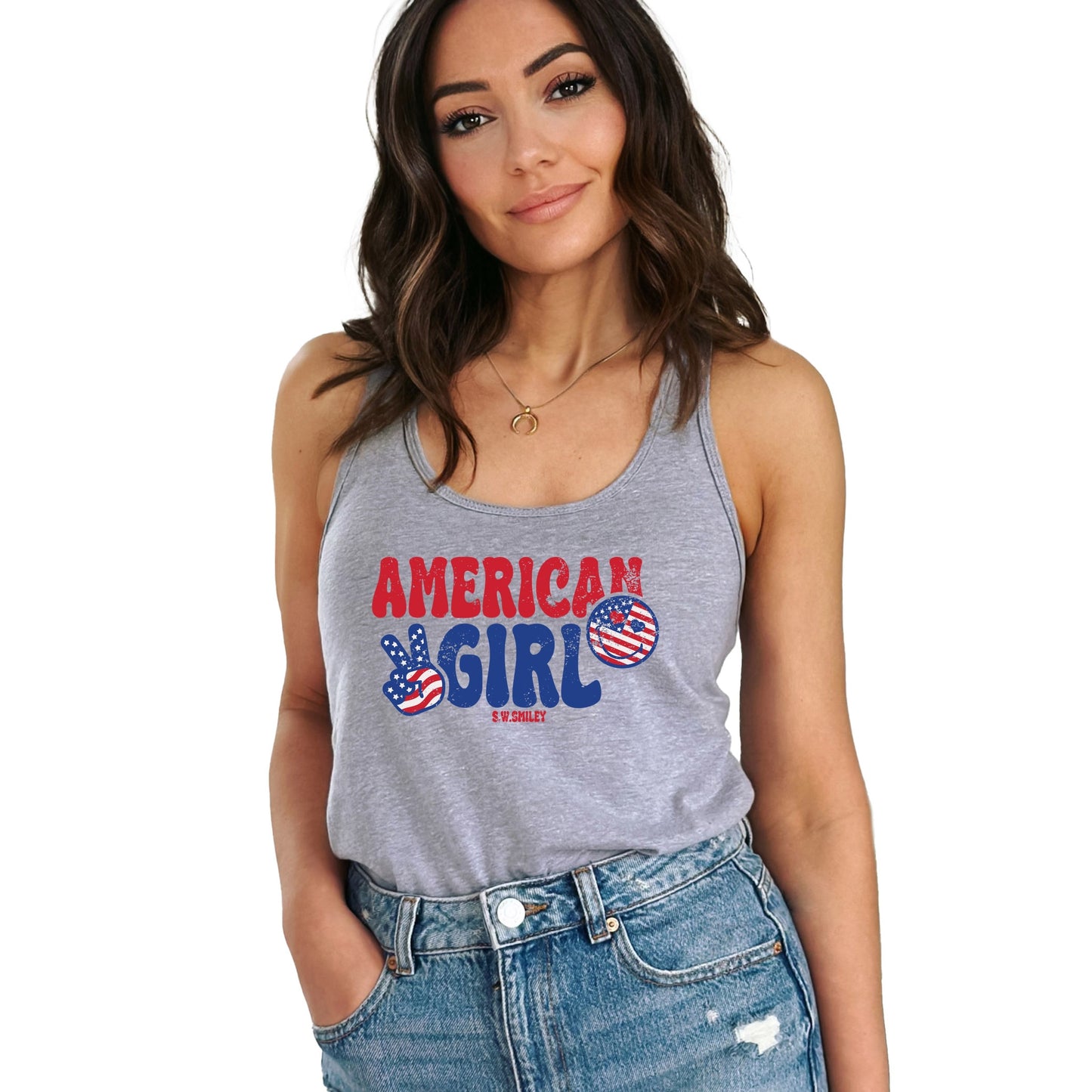 S.W.Smiley American Girl Patriotic - Women's Graphic Racerback Tank Top