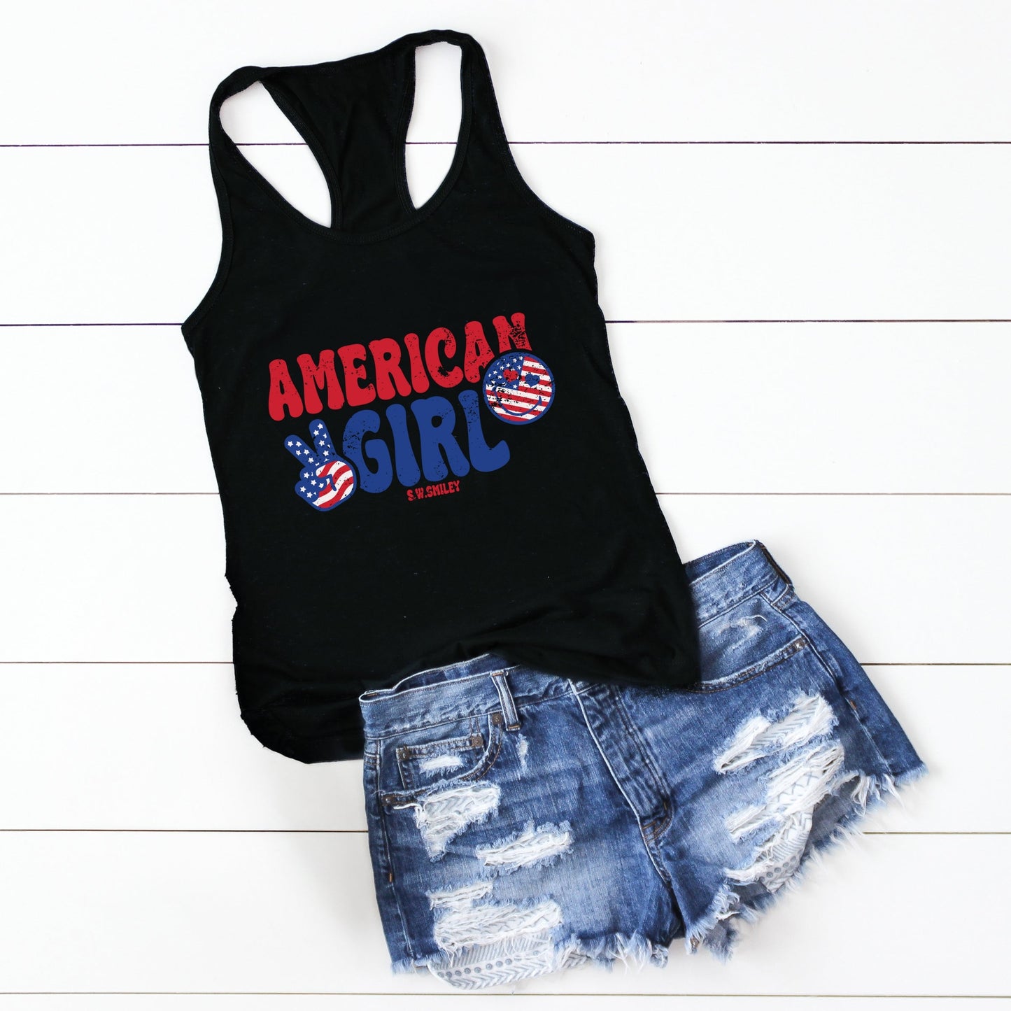 S.W.Smiley American Girl Patriotic - Women's Graphic Racerback Tank Top