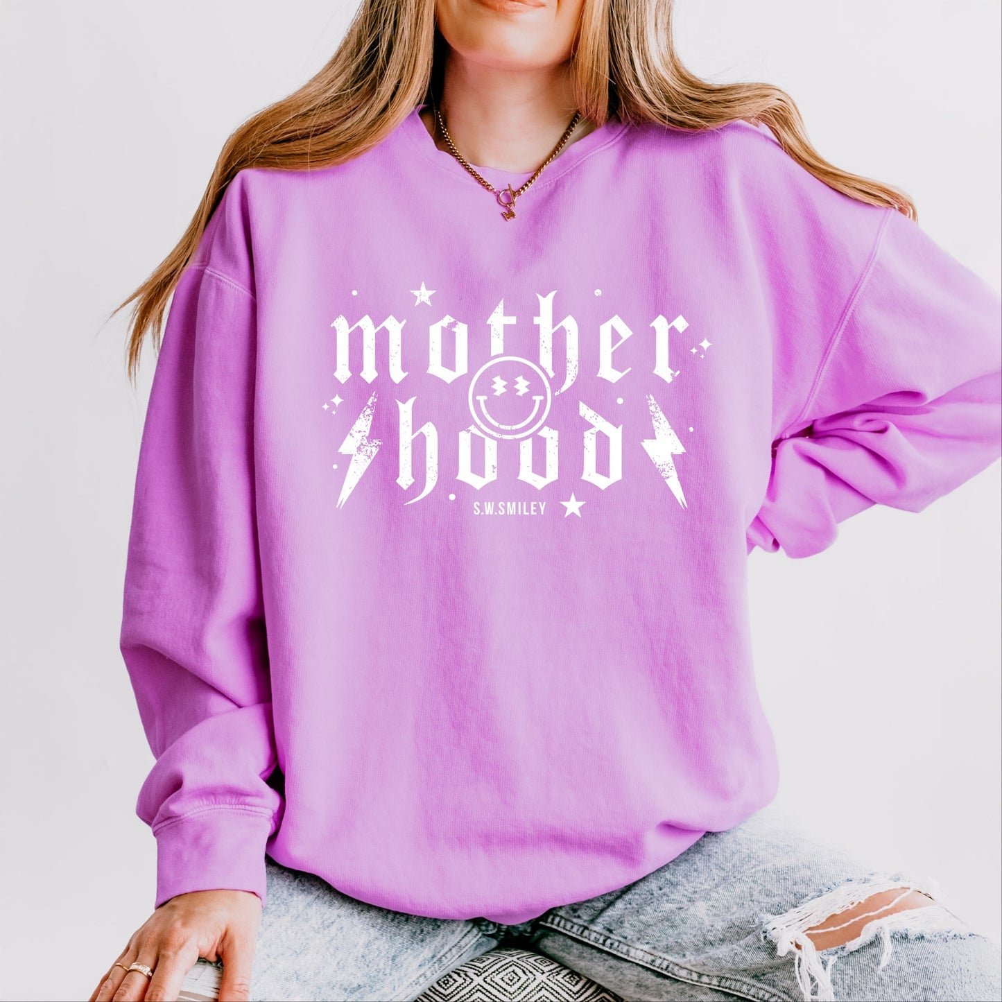 S.W.Smiley Mother Hood Distressed - Women's Lightweight Garment Dyed Sweatshirt