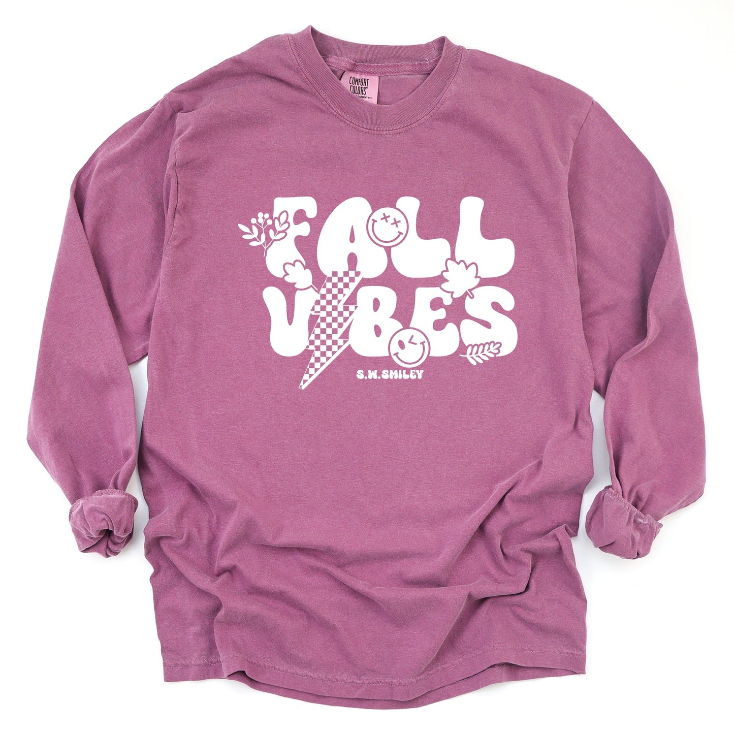 S.W.Smiley Fall Vibes Lightning - Women's Garment Dyed Long Sleeve Graphic T-Shirt