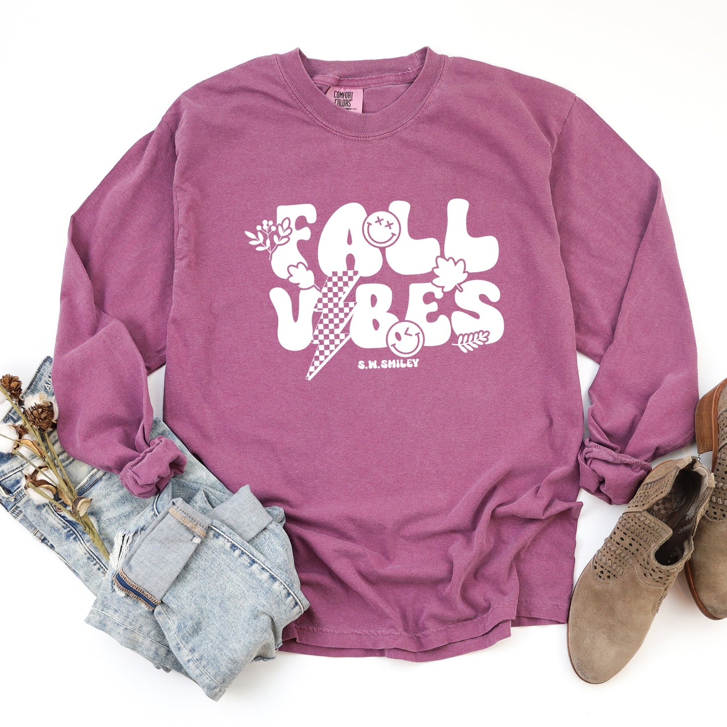 S.W.Smiley Fall Vibes Lightning - Women's Garment Dyed Long Sleeve Graphic T-Shirt