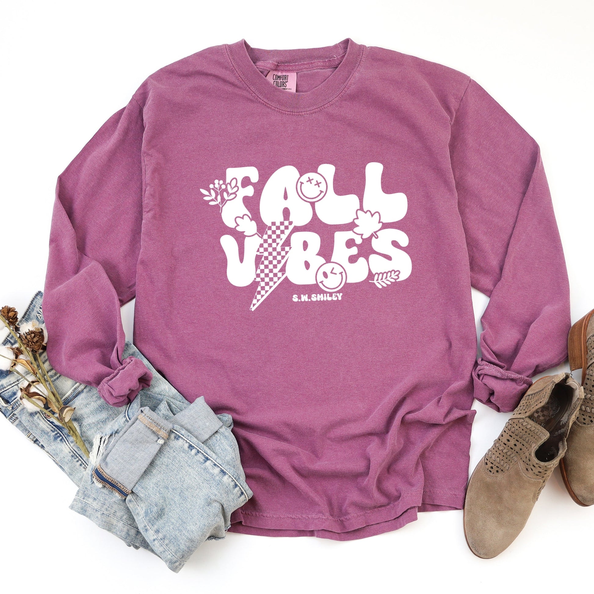 S.W.Smiley Fall Vibes Lightning - Women's Garment Dyed Long Sleeve Graphic T-Shirt