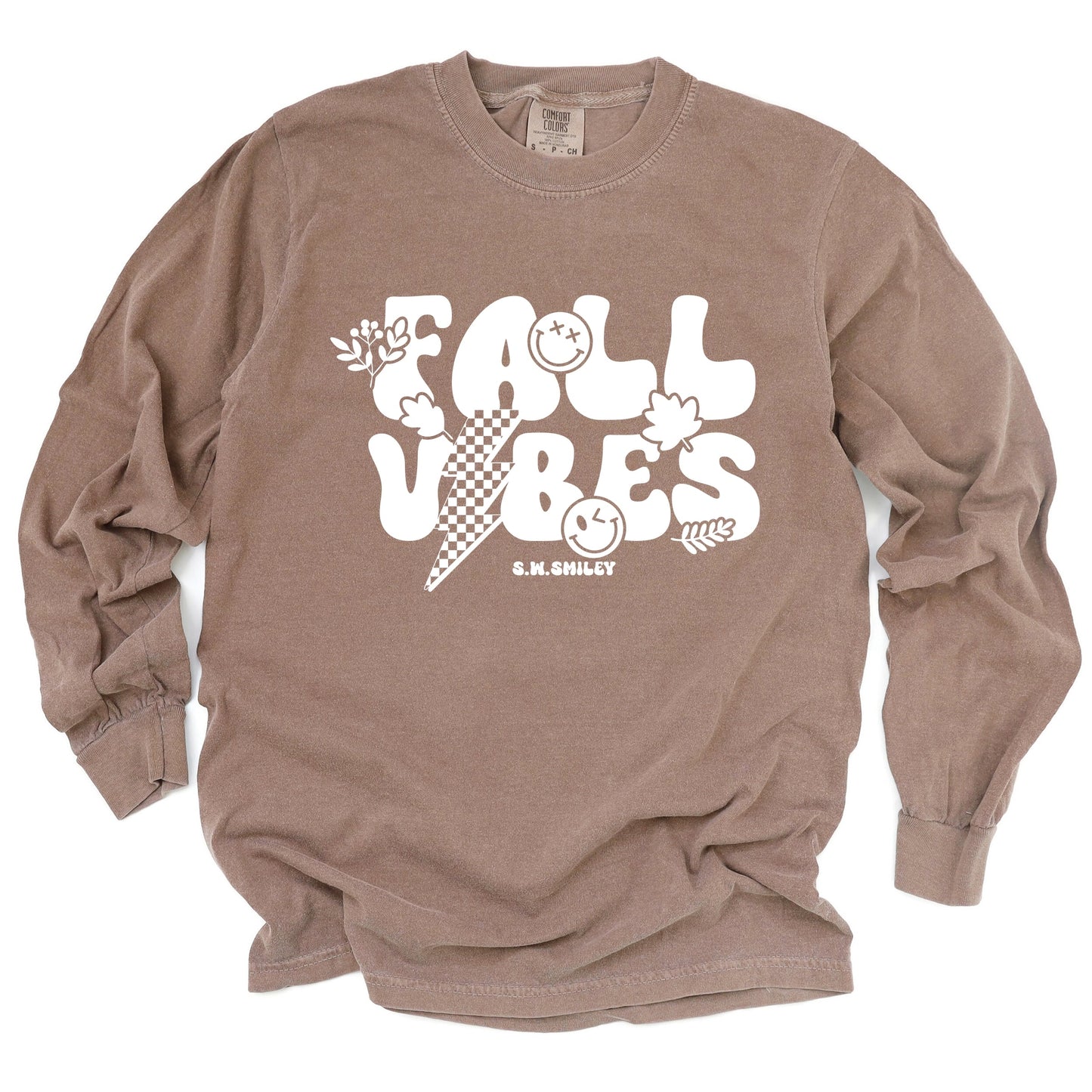 S.W.Smiley Fall Vibes Lightning - Women's Garment Dyed Long Sleeve Graphic T-Shirt