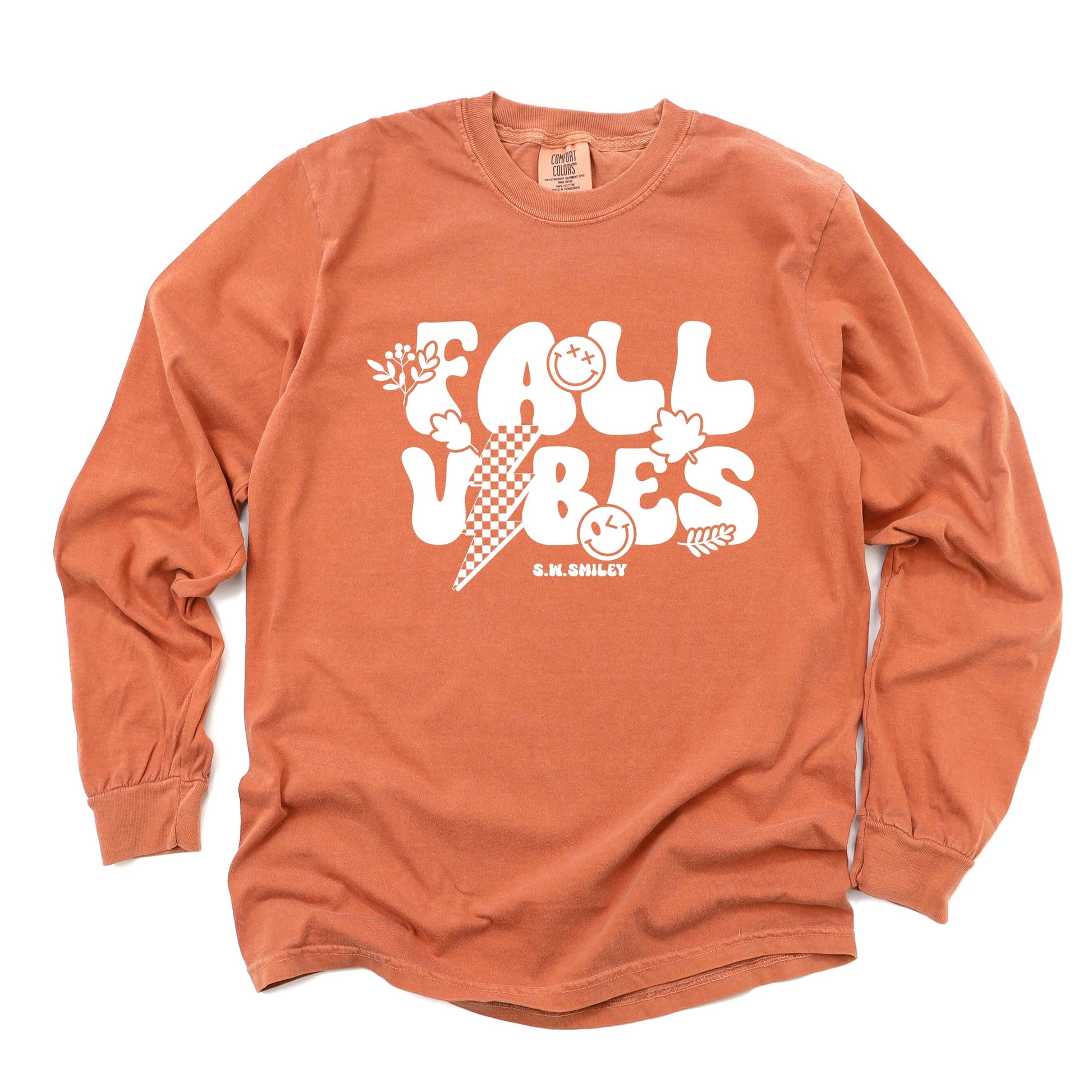 S.W.Smiley Fall Vibes Lightning - Women's Garment Dyed Long Sleeve Graphic T-Shirt