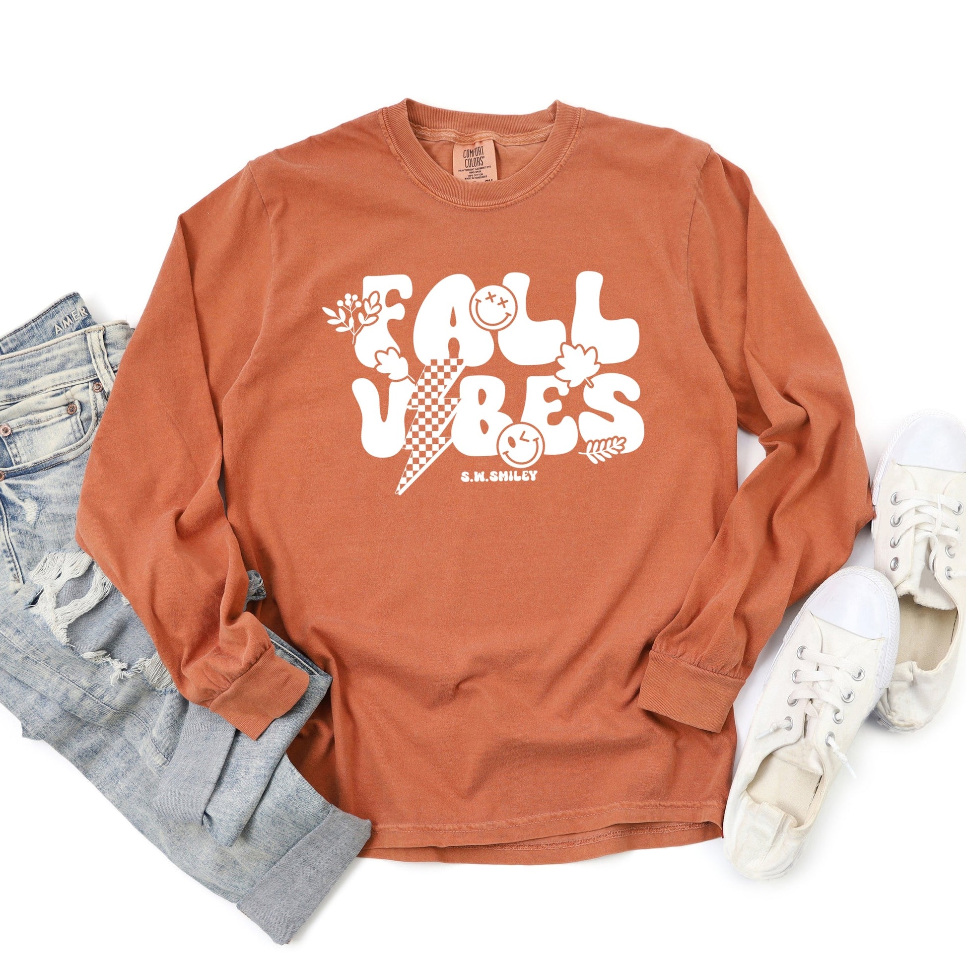 S.W.Smiley Fall Vibes Lightning - Women's Garment Dyed Long Sleeve Graphic T-Shirt