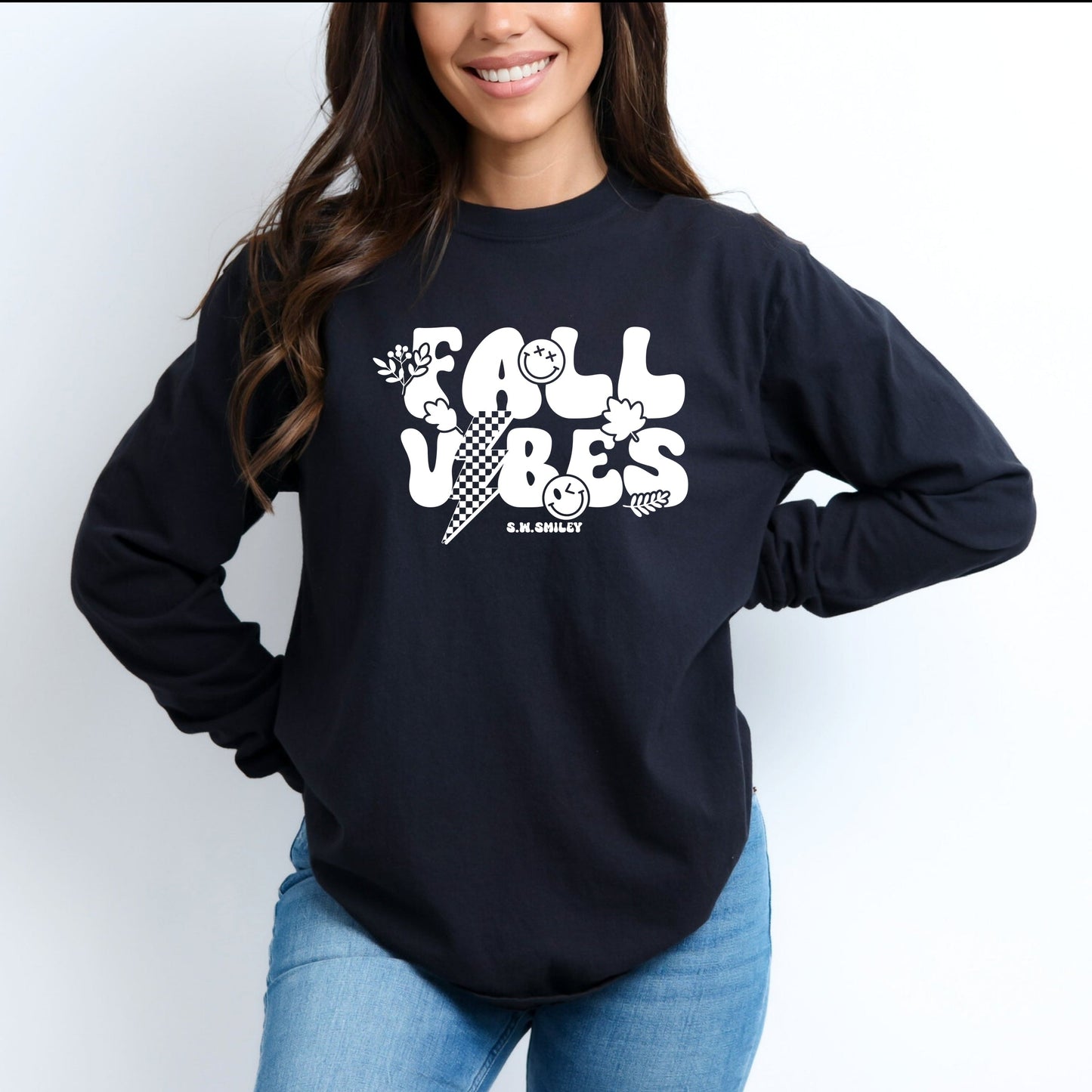 S.W.Smiley Fall Vibes Lightning - Women's Garment Dyed Long Sleeve Graphic T-Shirt