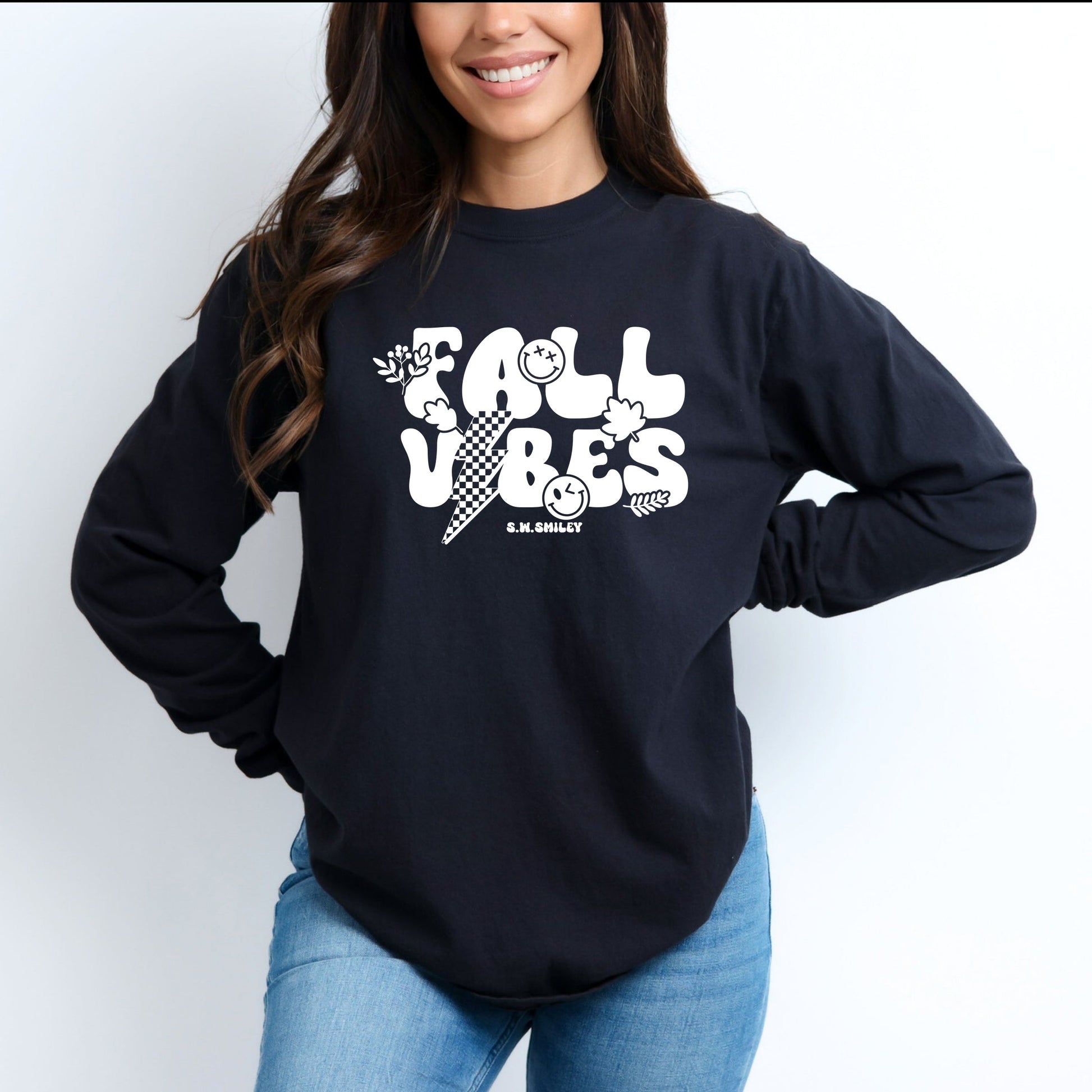 S.W.Smiley Fall Vibes Lightning - Women's Garment Dyed Long Sleeve Graphic T-Shirt