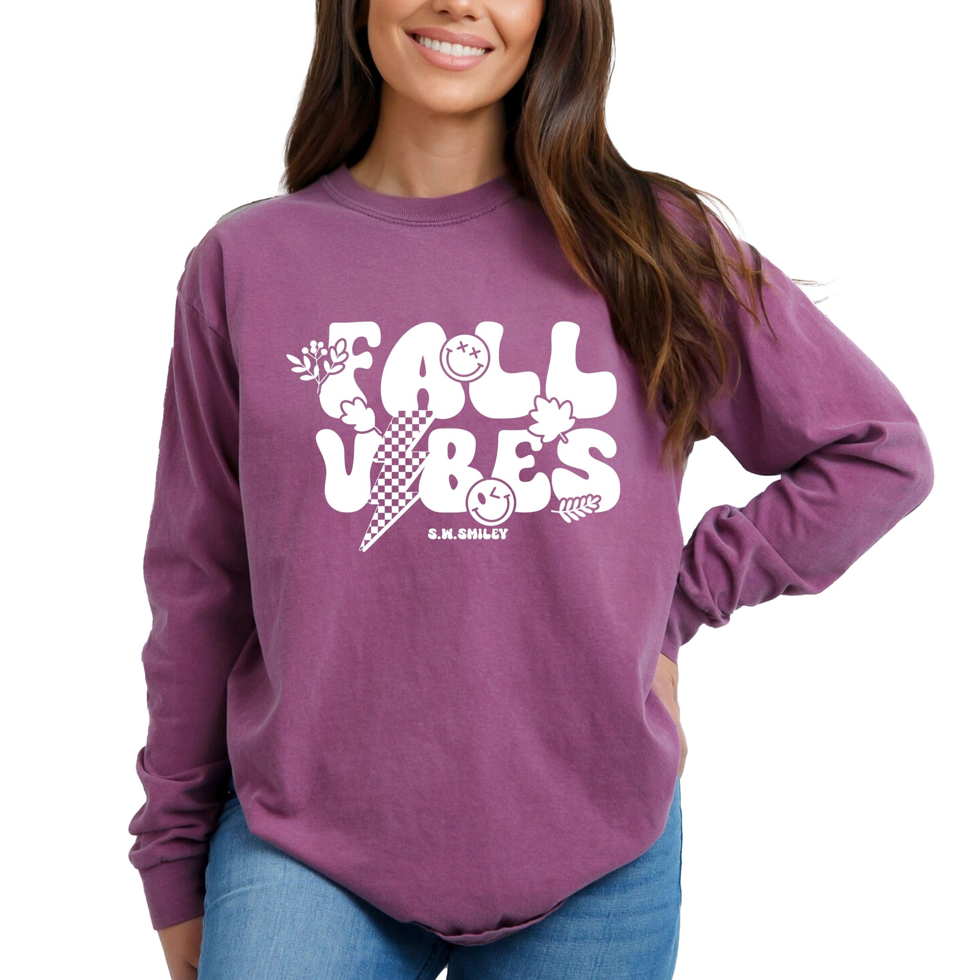 S.W.Smiley Fall Vibes Lightning - Women's Garment Dyed Long Sleeve Graphic T-Shirt