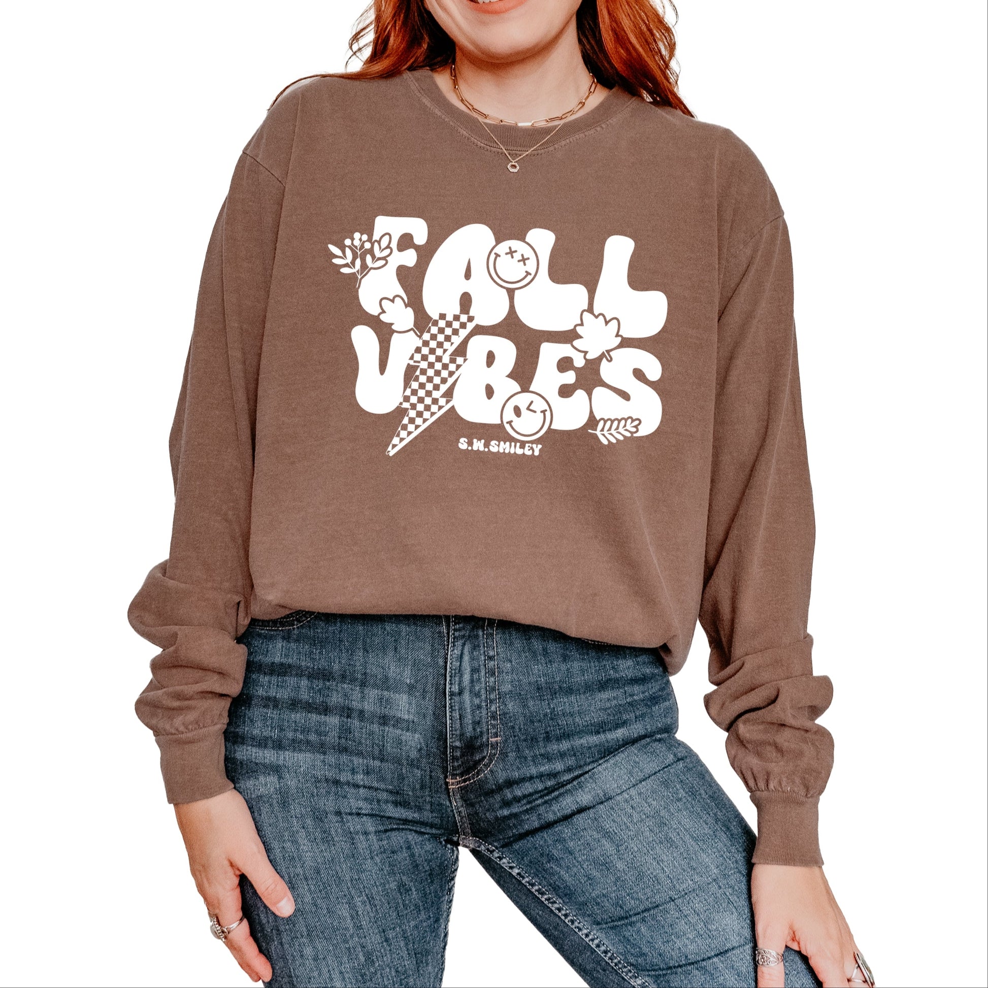 S.W.Smiley Fall Vibes Lightning - Women's Garment Dyed Long Sleeve Graphic T-Shirt