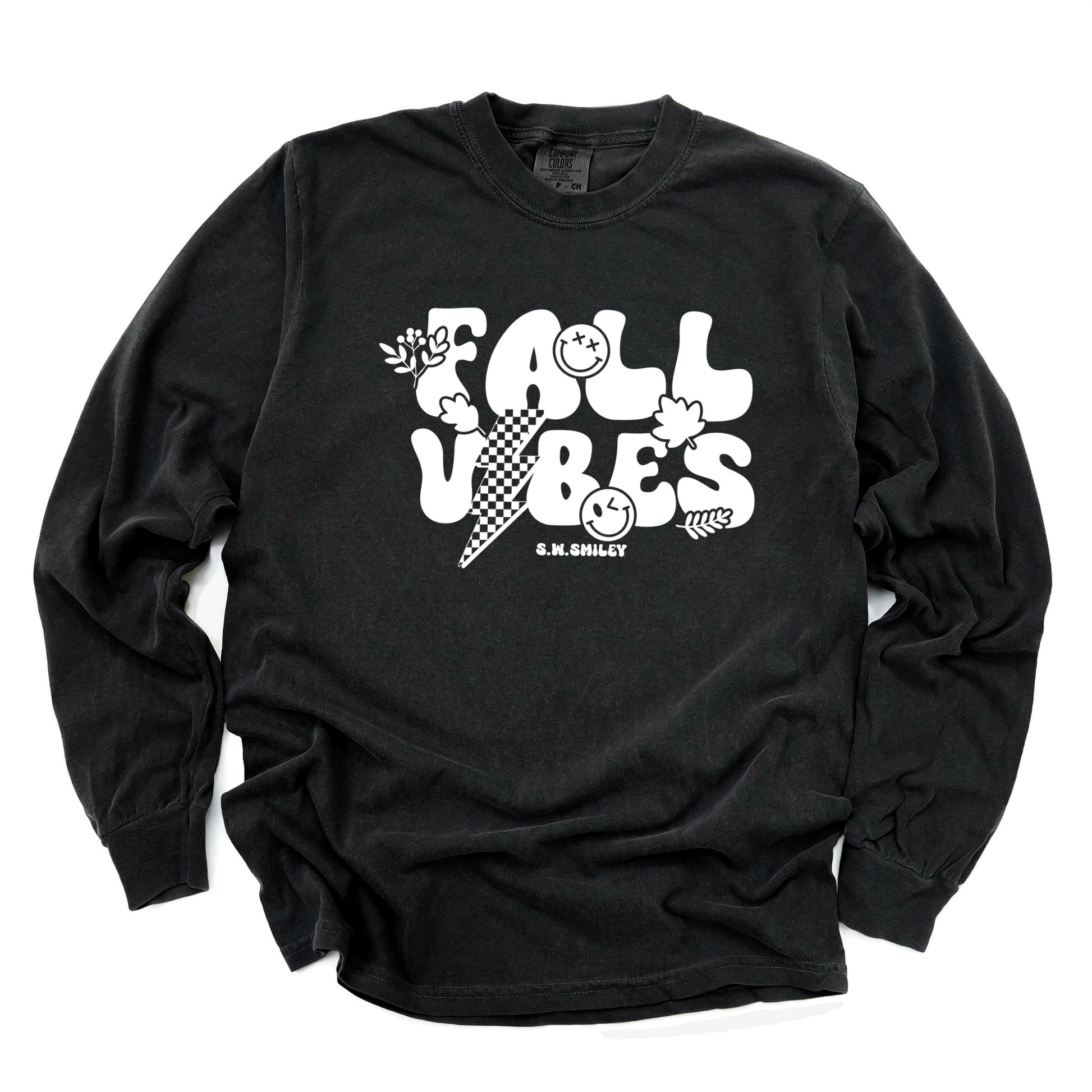 S.W.Smiley Fall Vibes Lightning - Women's Garment Dyed Long Sleeve Graphic T-Shirt