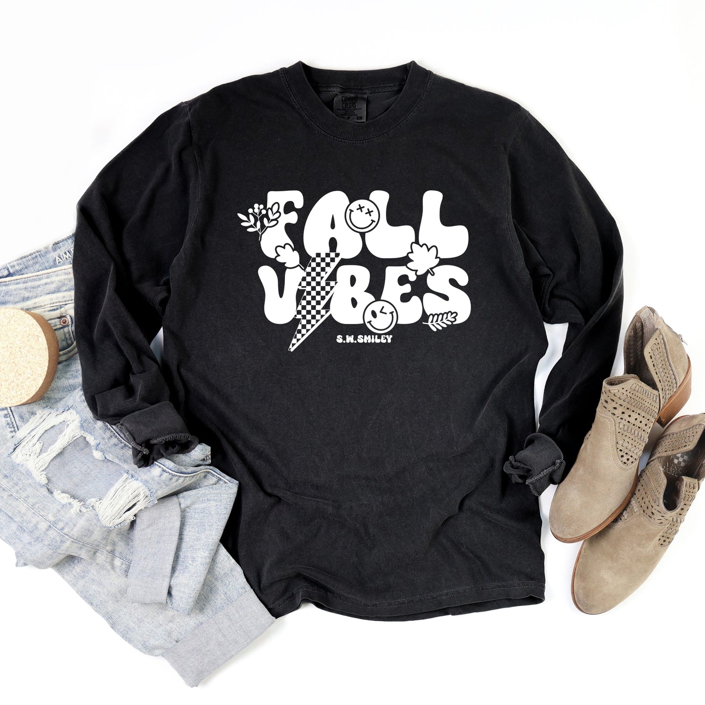 S.W.Smiley Fall Vibes Lightning - Women's Garment Dyed Long Sleeve Graphic T-Shirt