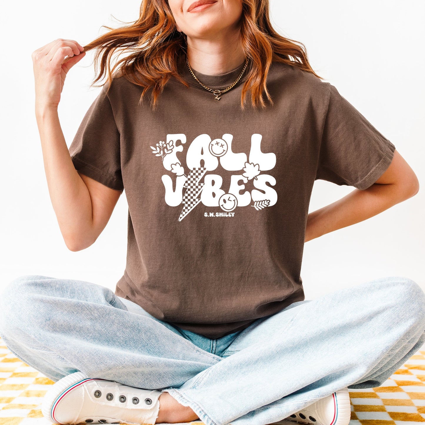 S.W.Smiley Fall Vibes Lightning - Women's Garment Dyed Graphic T-Shirt