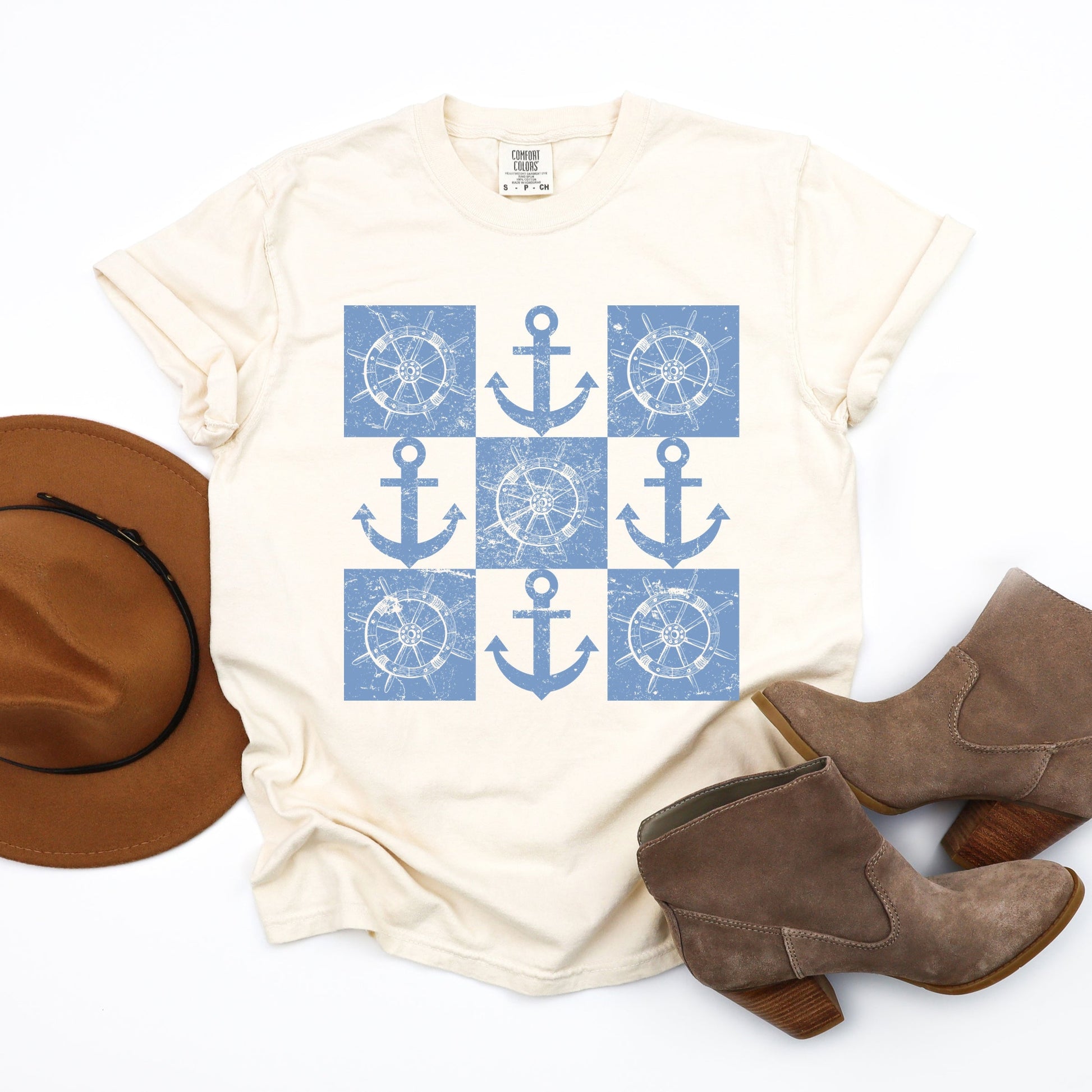 Anchor Wheel Grid - Womens Garment Dyed Tee