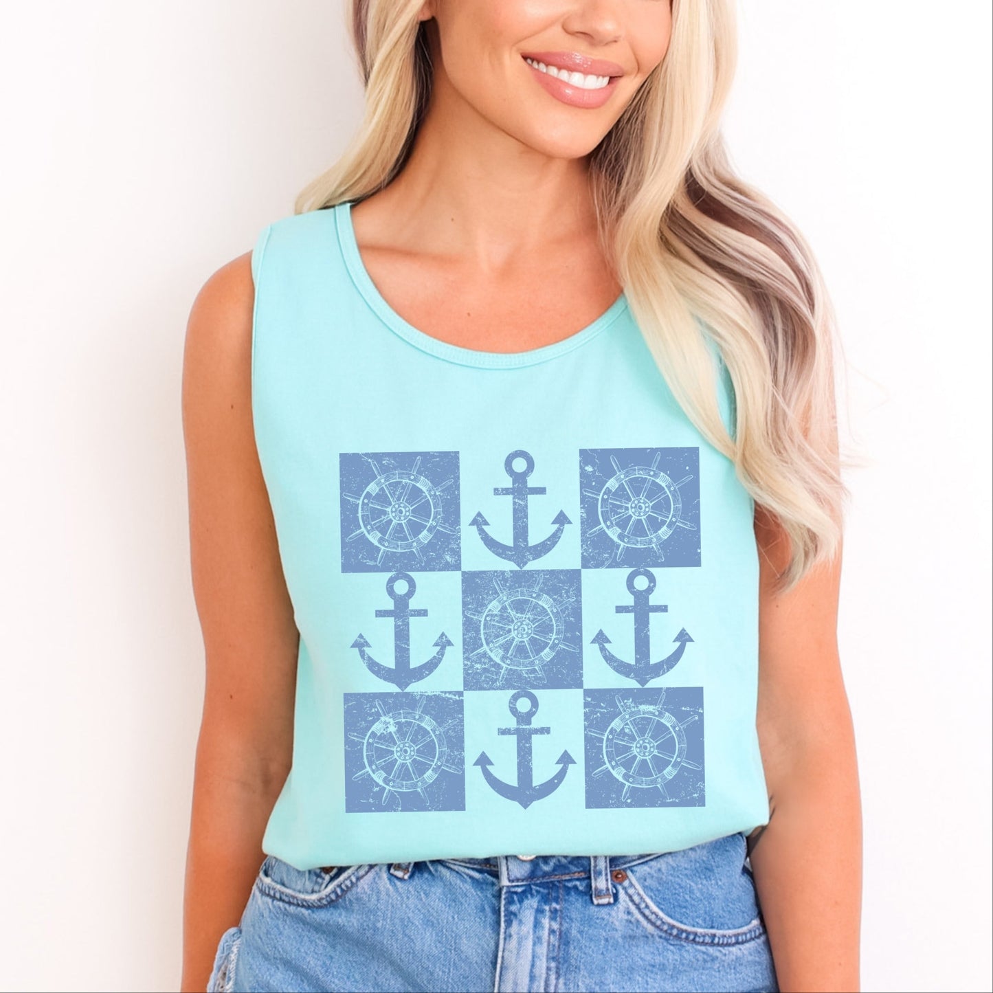 Anchor Wheel Grid - Womens Garment Dyed Tank