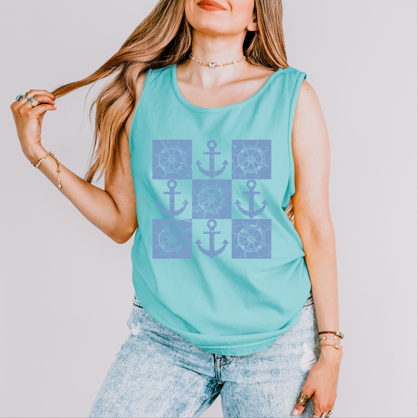 Anchor Wheel Grid - Women's Garment Dyed Tank