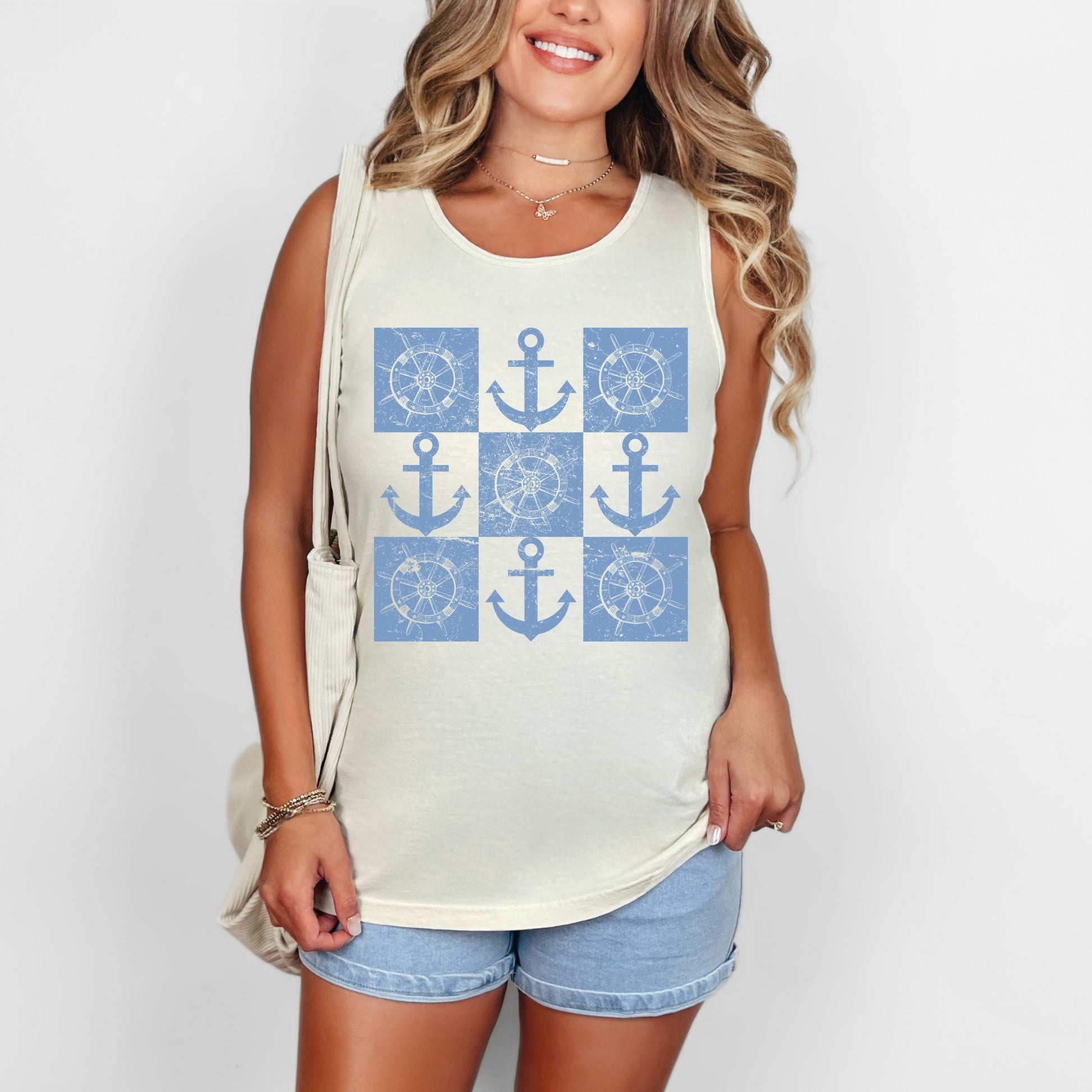 Anchor Wheel Grid - Womens Garment Dyed Tank