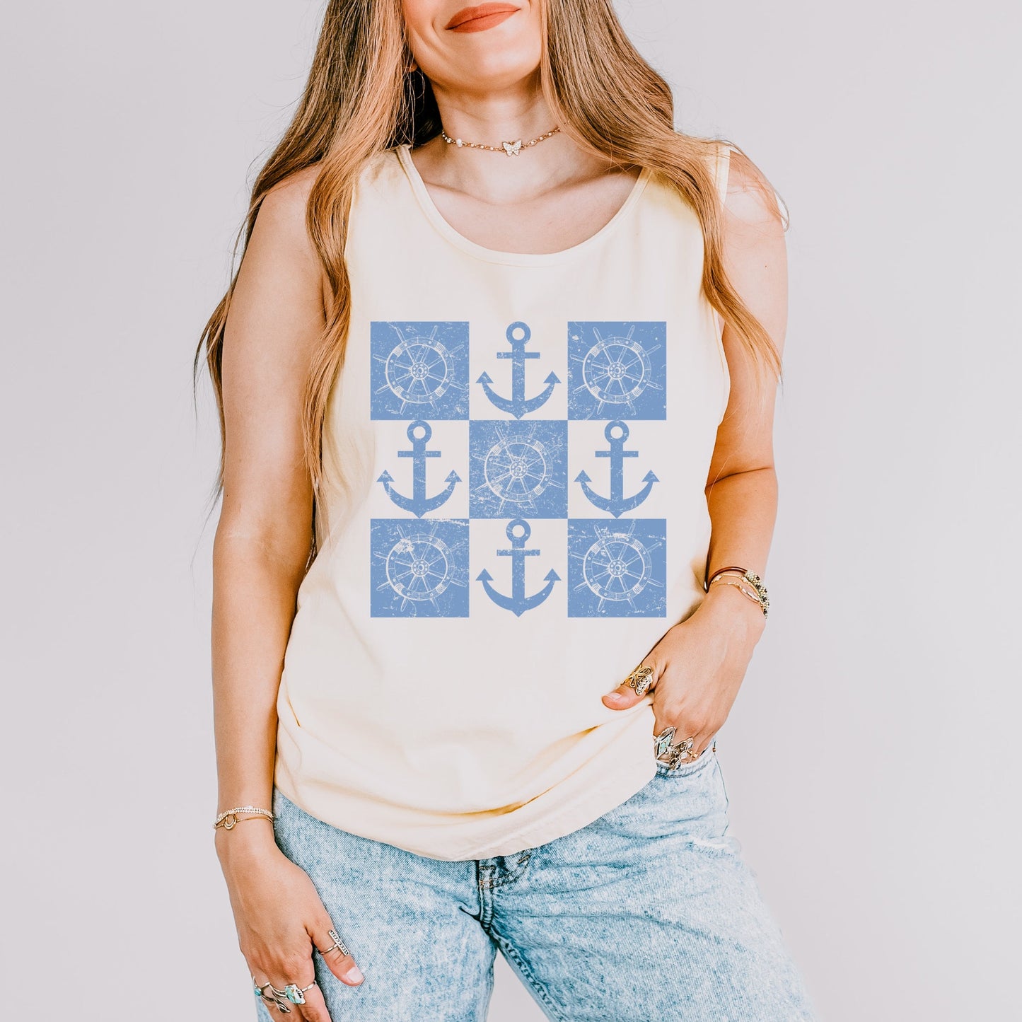 Anchor Wheel Grid - Womens Garment Dyed Tank