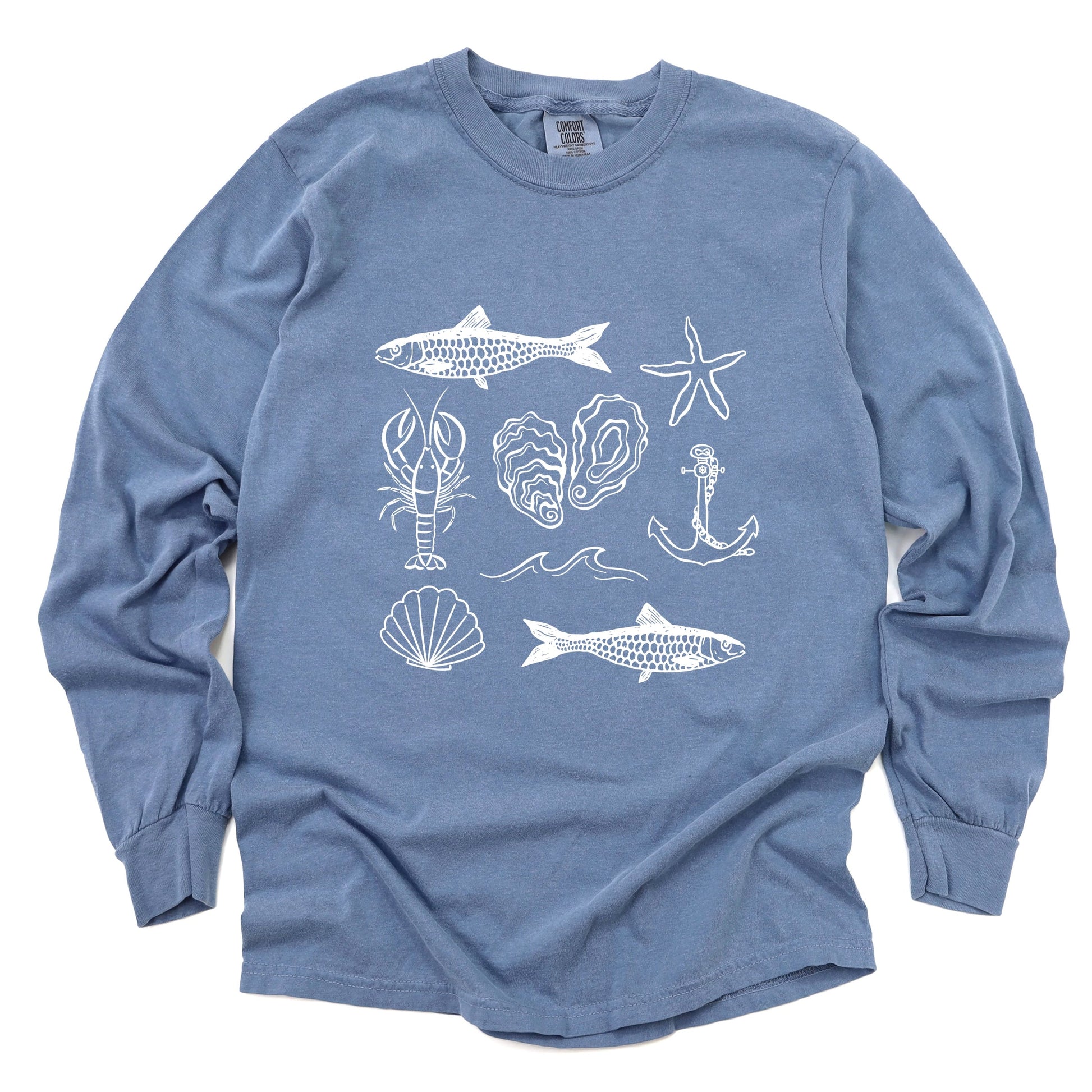 Fisherman Collage - Women's Garment Dyed Long Sleeve Graphic T-Shirt