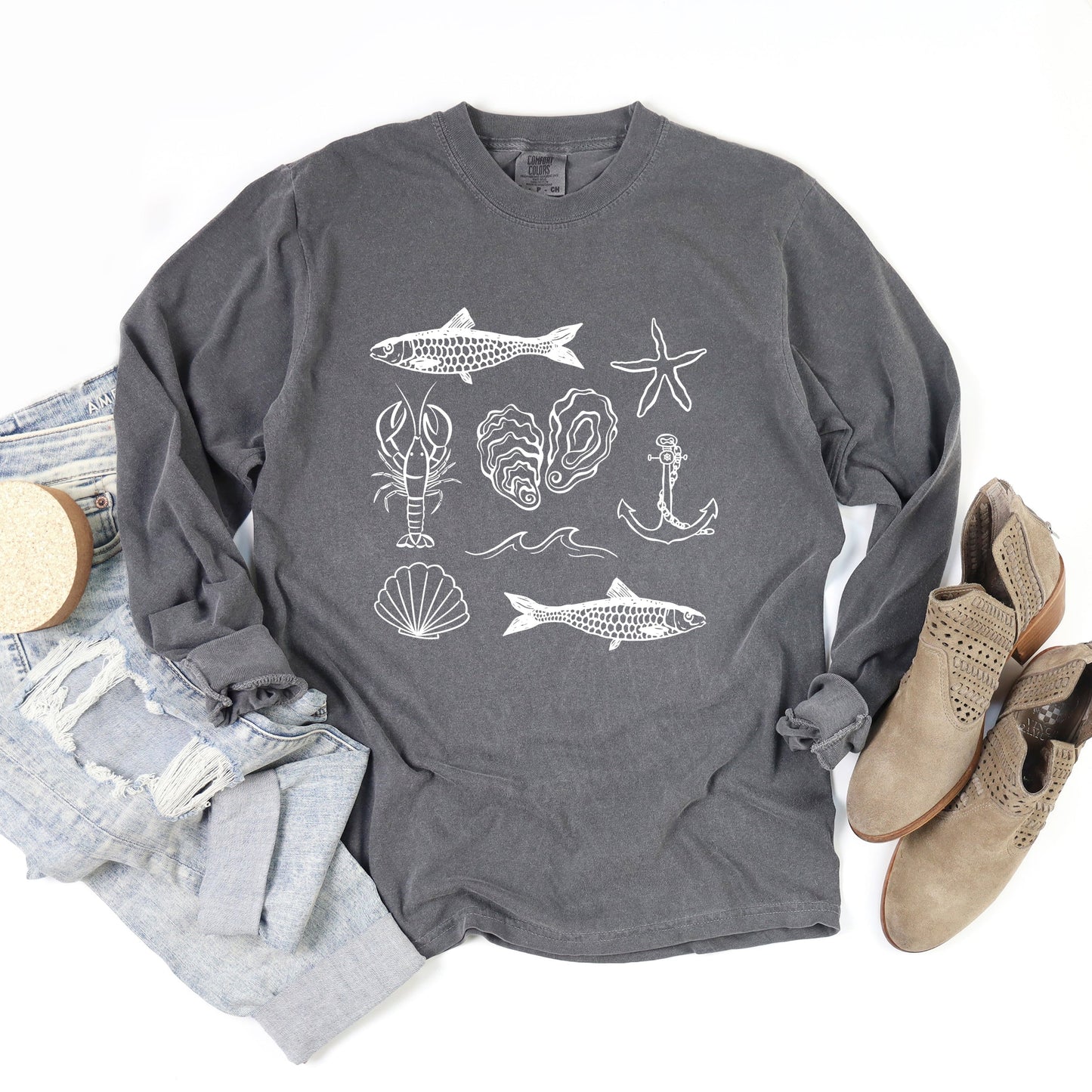 Fisherman Collage - Women's Garment Dyed Long Sleeve Graphic T-Shirt