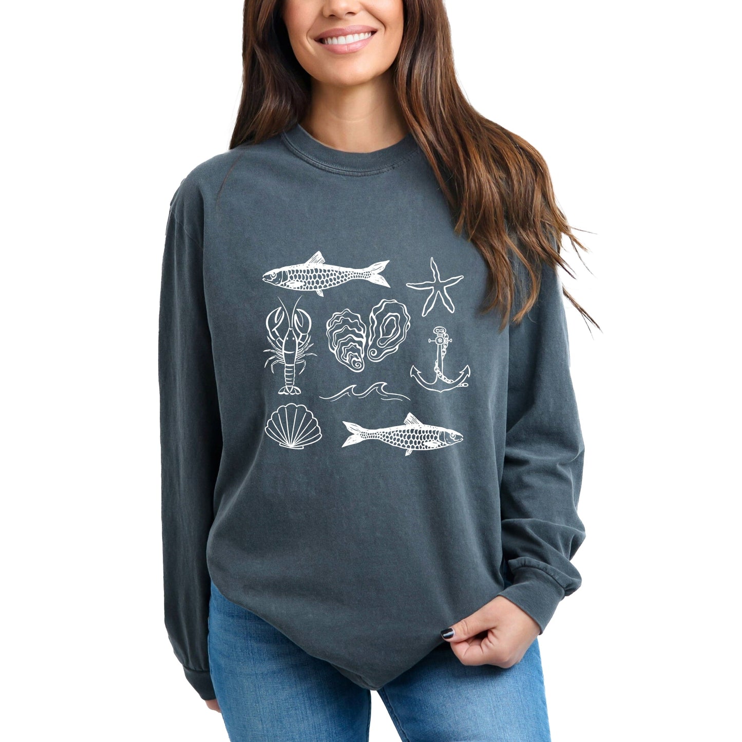 Fisherman Collage - Women's Garment Dyed Long Sleeve Graphic T-Shirt