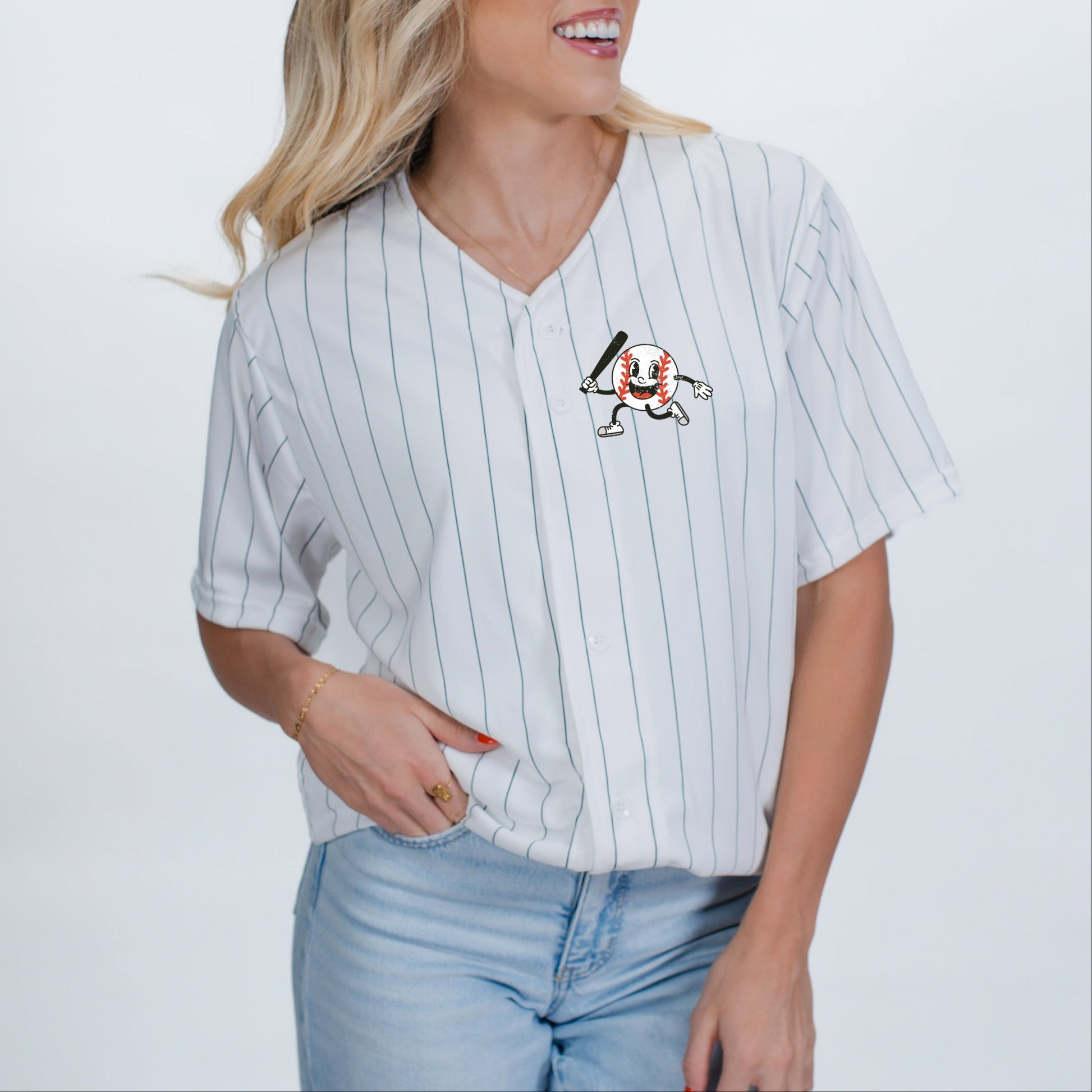 Take Me Out To The Ball Game Distressed  - Womens Striped Baseball Jersey