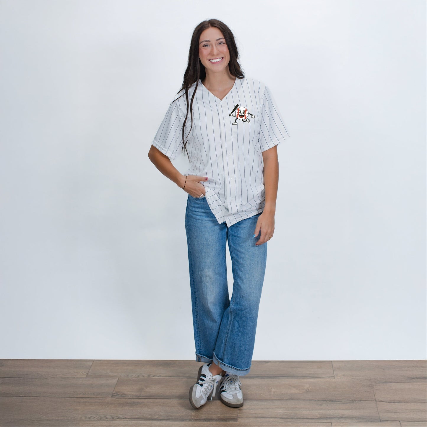 Take Me Out To The Ball Game Distressed  - Womens Striped Baseball Jersey