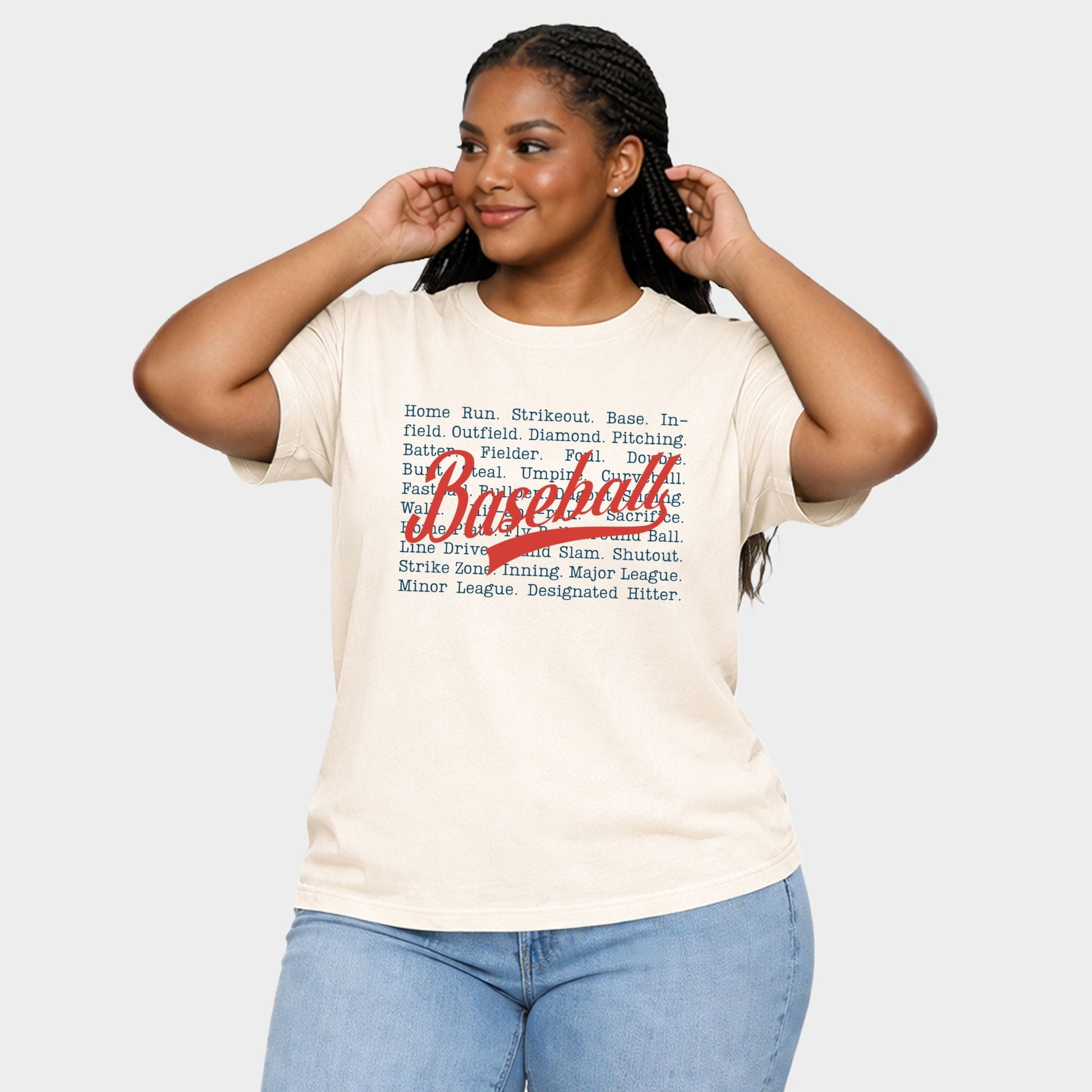 Baseball Words Stacked - Women's Plus Sized Garment Dyed Graphic T-Shirt
