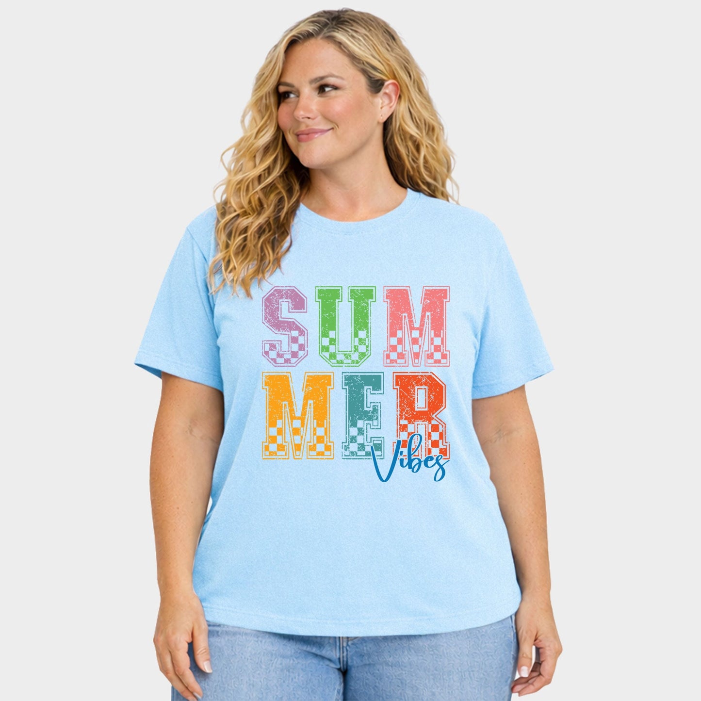 Summer Vibes Checkered - Women's Plus Sized Garment Dyed Graphic T-Shirt