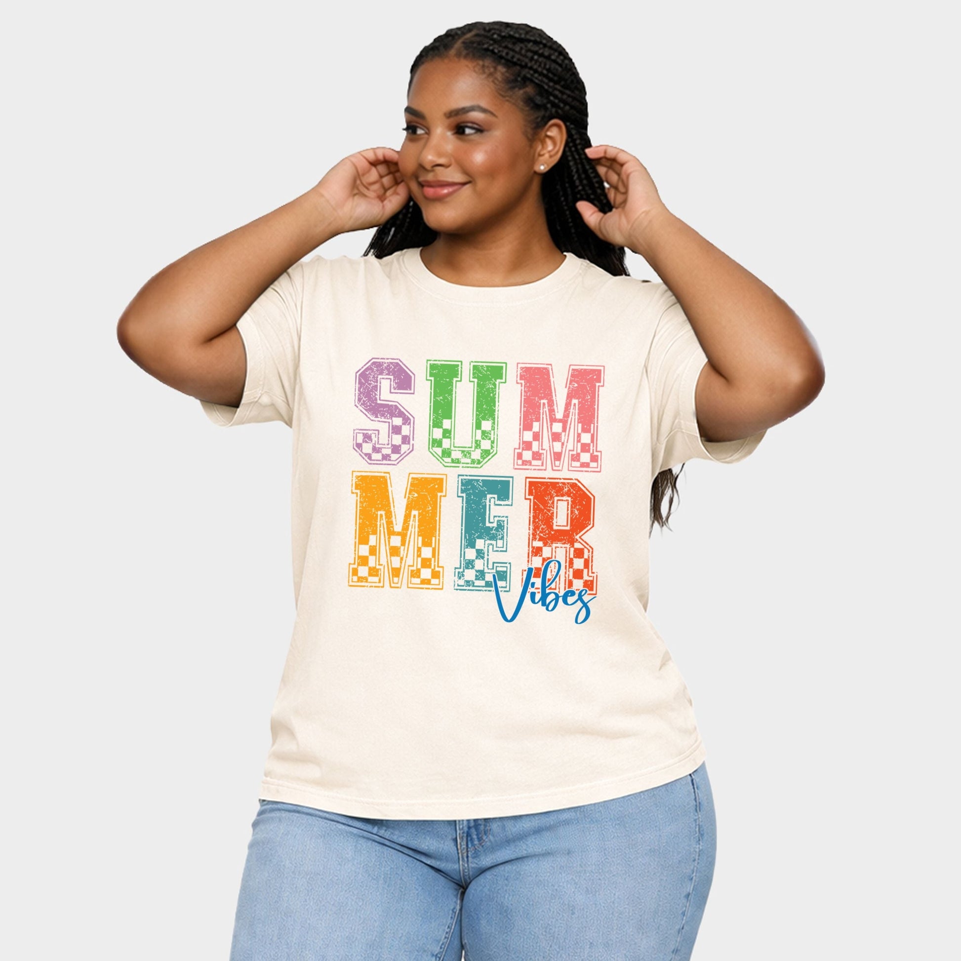Summer Vibes Checkered - Women's Plus Sized Garment Dyed Graphic T-Shirt