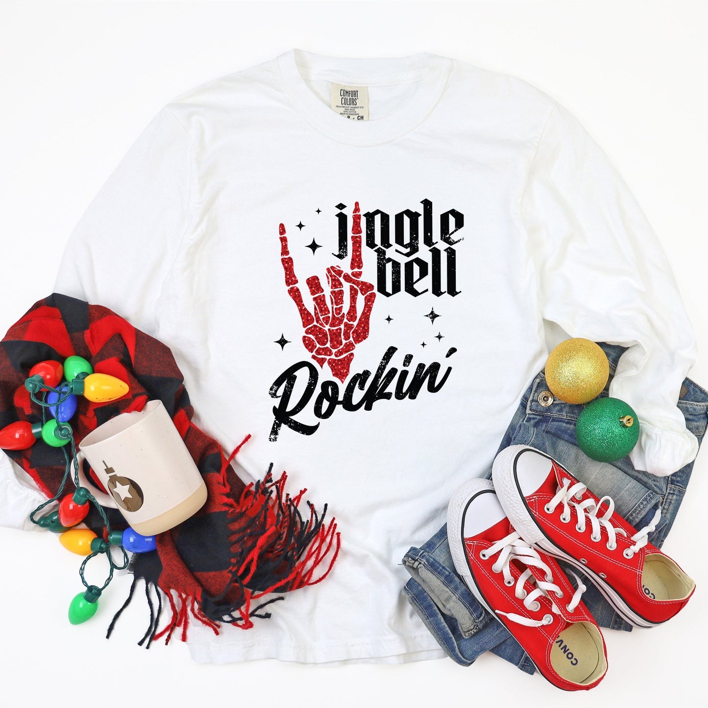 Jingle Bell Rockin' Skeleton Glitter - Womens Garment Dyed Long Sleeve