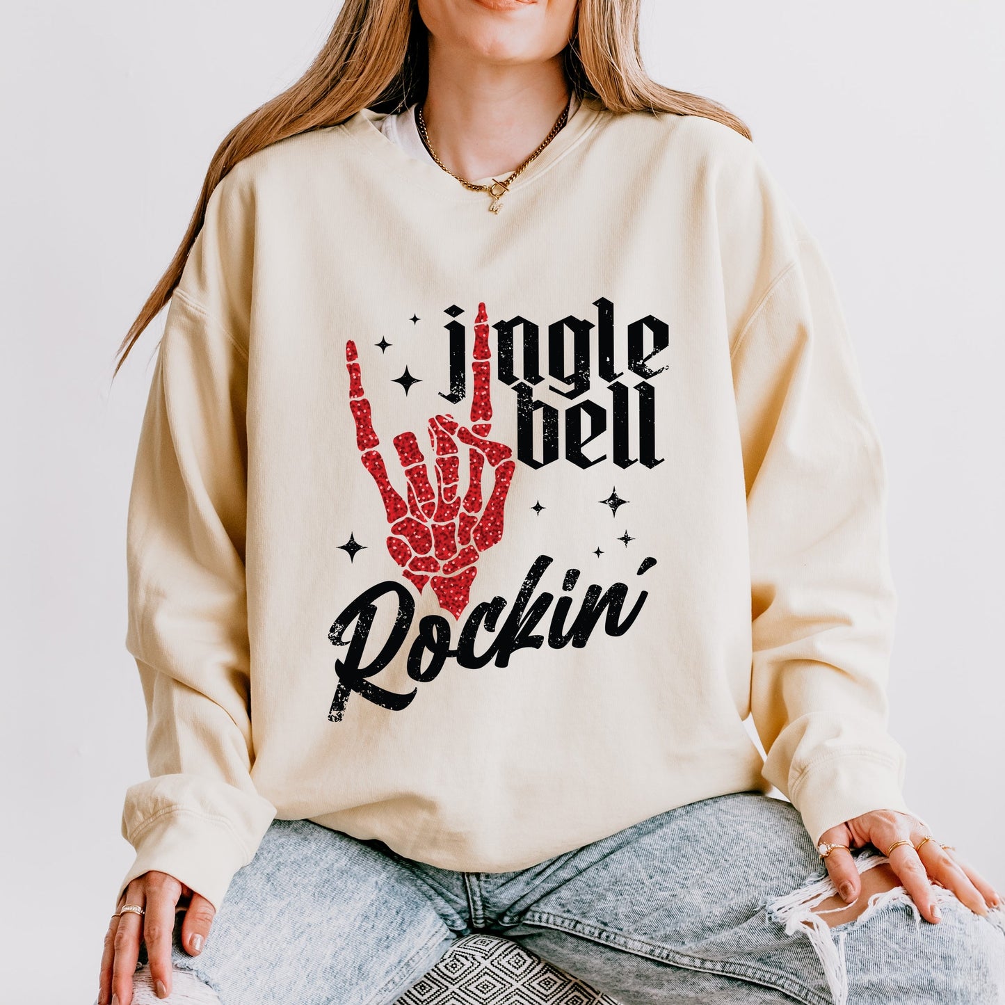 Jingle Bell Rockin' Skeleton Glitter - Women's Lightweight Garment Dyed Sweatshirt