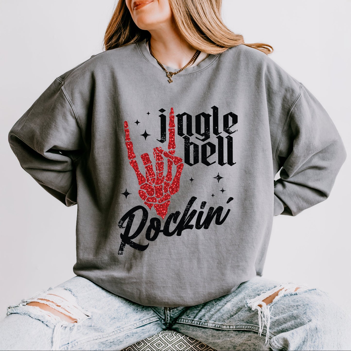 Jingle Bell Rockin' Skeleton Glitter - Women's Lightweight Garment Dyed Sweatshirt