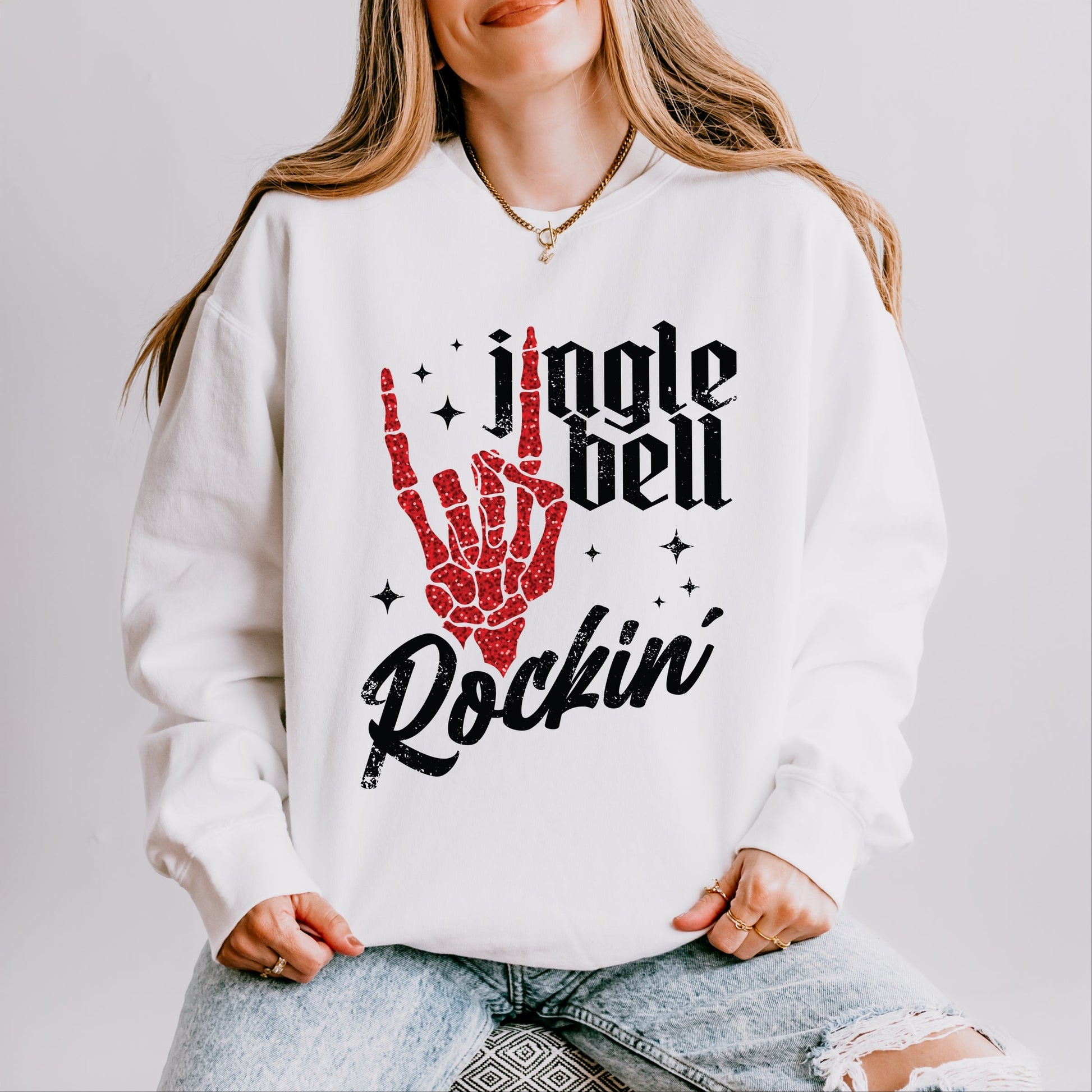 Jingle Bell Rockin' Skeleton Glitter - Womens Lightweight Garment Dyed Sweatshirt