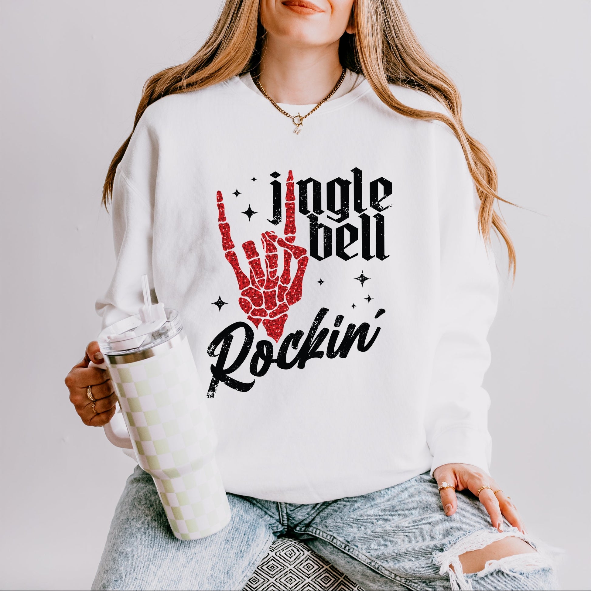 Jingle Bell Rockin' Skeleton Glitter - Womens Lightweight Garment Dyed Sweatshirt