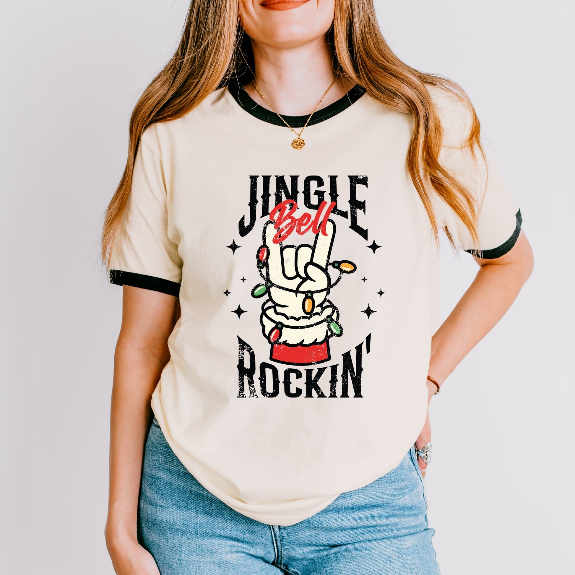 Jingle Bell Rockin' Santa Glove - Womens Ringer Tee