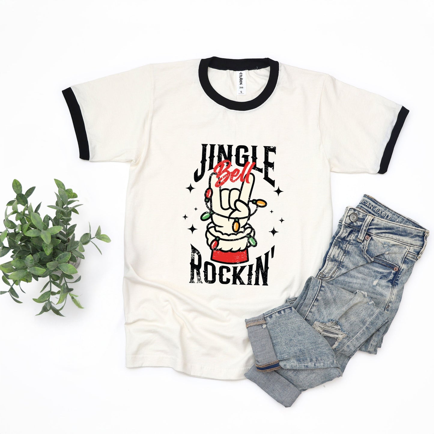 Jingle Bell Rockin' Santa Glove - Womens Ringer Tee
