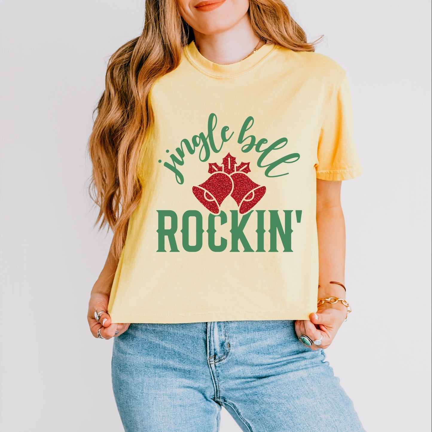 Jingle Bell Rockin' Bell Glitter - Womens Boxy Crop Top
