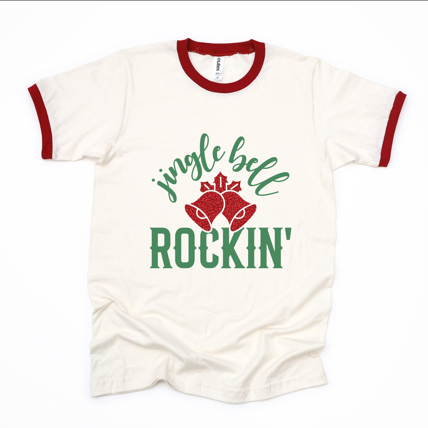 Jingle Bell Rockin' Bell Glitter - Womens Ringer Tee