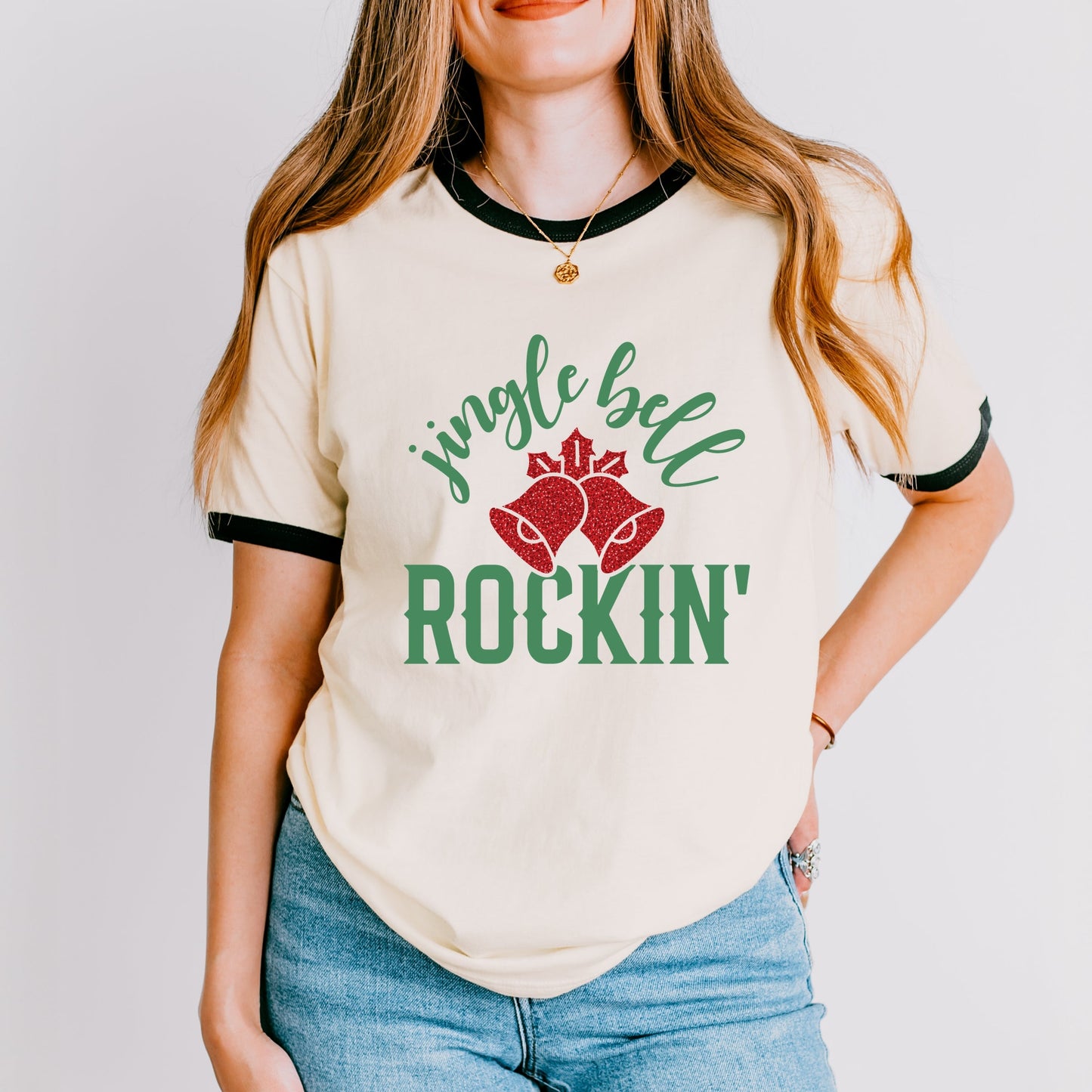 Jingle Bell Rockin' Bell Glitter - Women's Ringer Tee