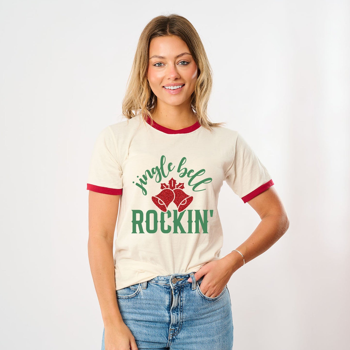 Jingle Bell Rockin' Bell Glitter - Womens Ringer Tee