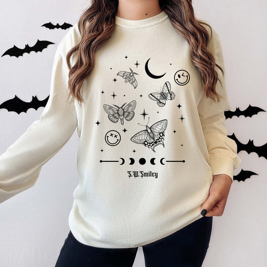 S.W.Smiley Witchy Moth - Women's Garment Dyed Long Sleeve Graphic T-Shirt