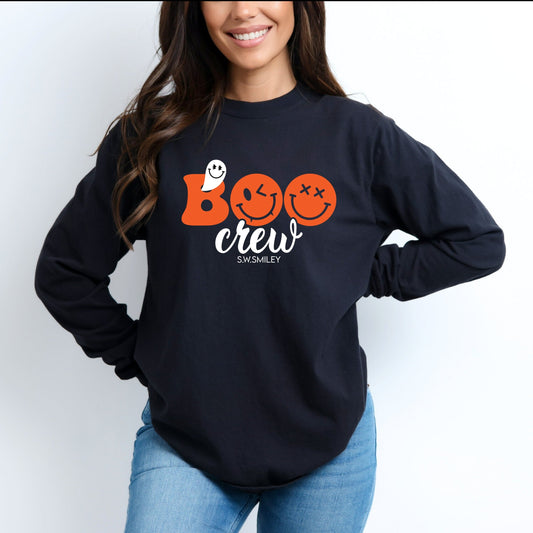 S.W.Smiley Boo Crew - Women's Garment Dyed Long Sleeve Graphic T-Shirt