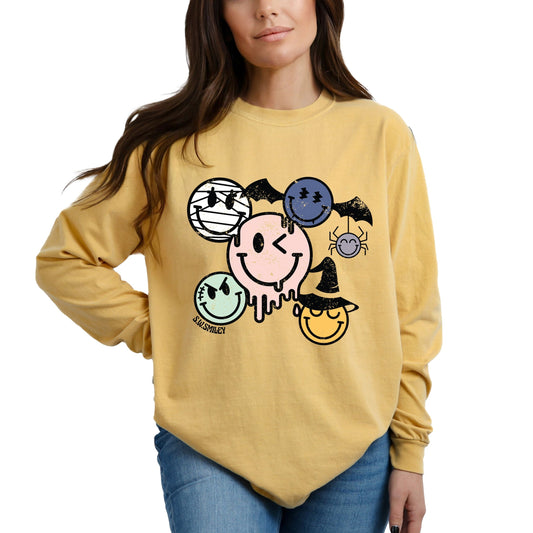 S.W.Smiley Halloween Smileys - Women's Garment Dyed Long Sleeve Graphic T-Shirt