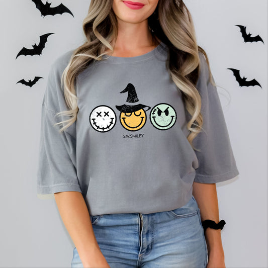 S.W.Smiley Skeleton Witchy Monster - Women's Garment Dyed Graphic T-Shirt