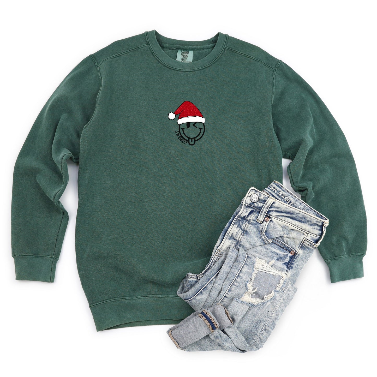 S.W.Smiley Santa Hat Glitter - Women's Garment Dyed Graphic Sweatshirt